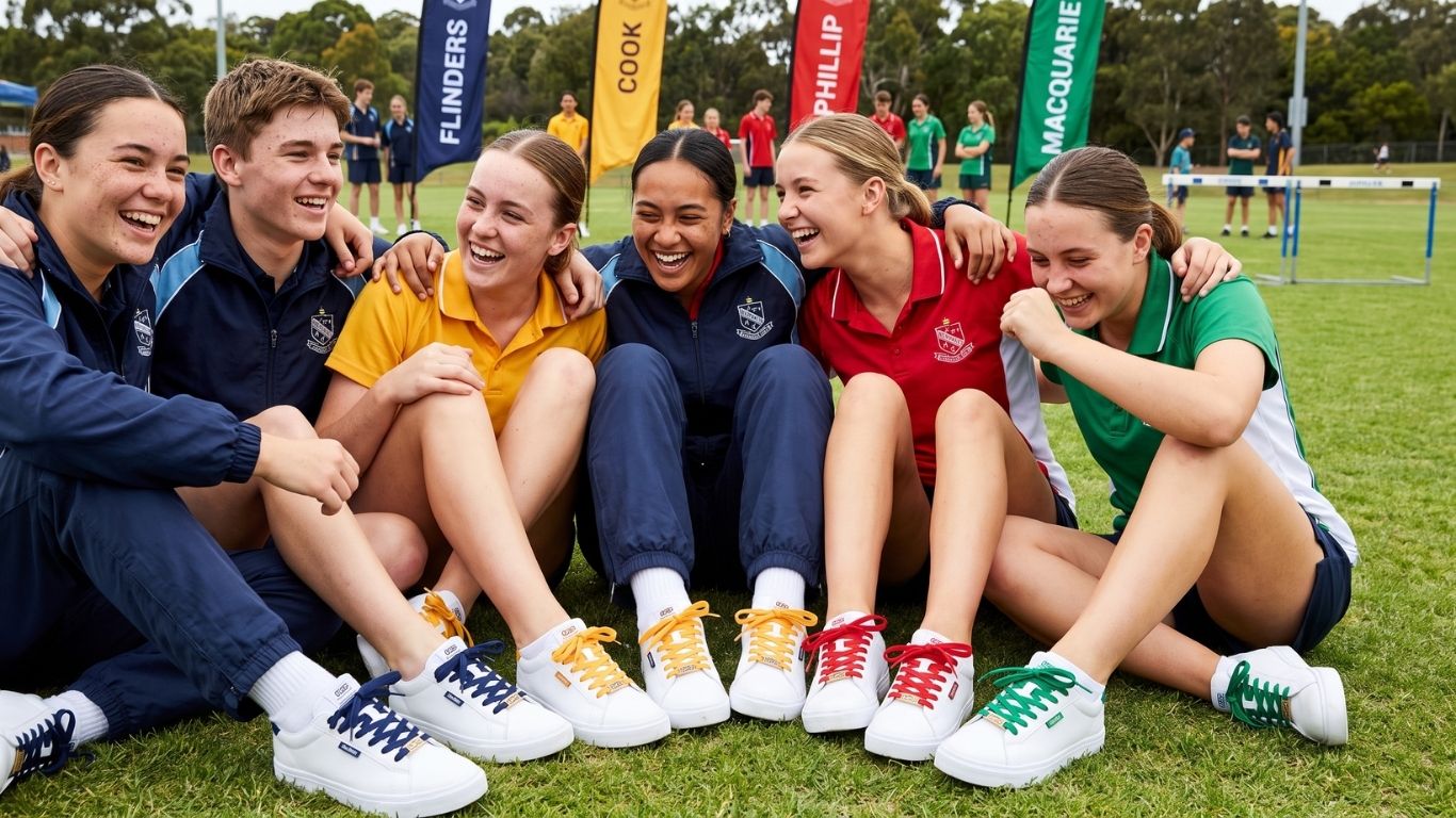 Students wearing branded shoelaces in house colours during a school sports carnival