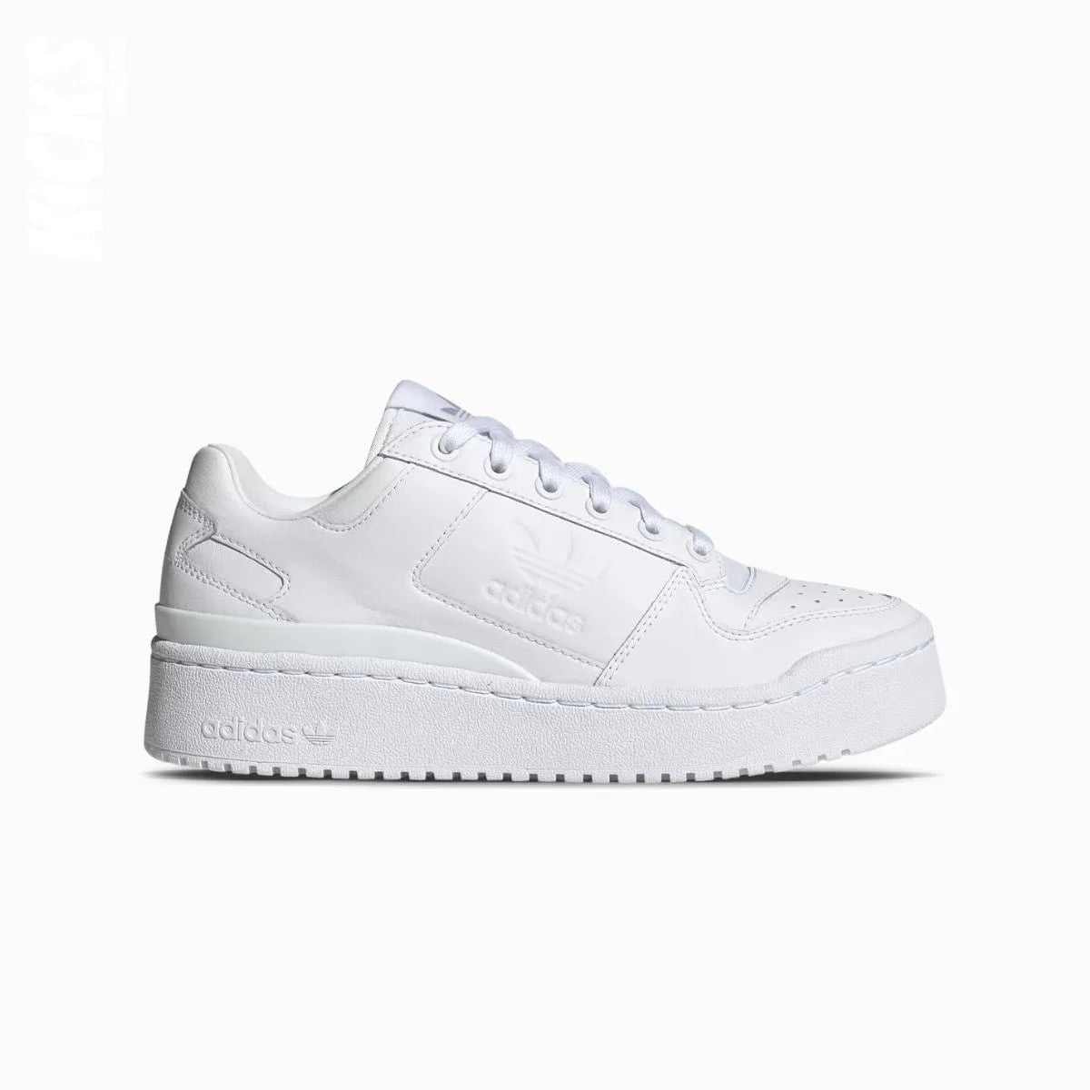A white Adidas Forum Bold sneaker with replacement laces with the Adidas logo visible on the side.