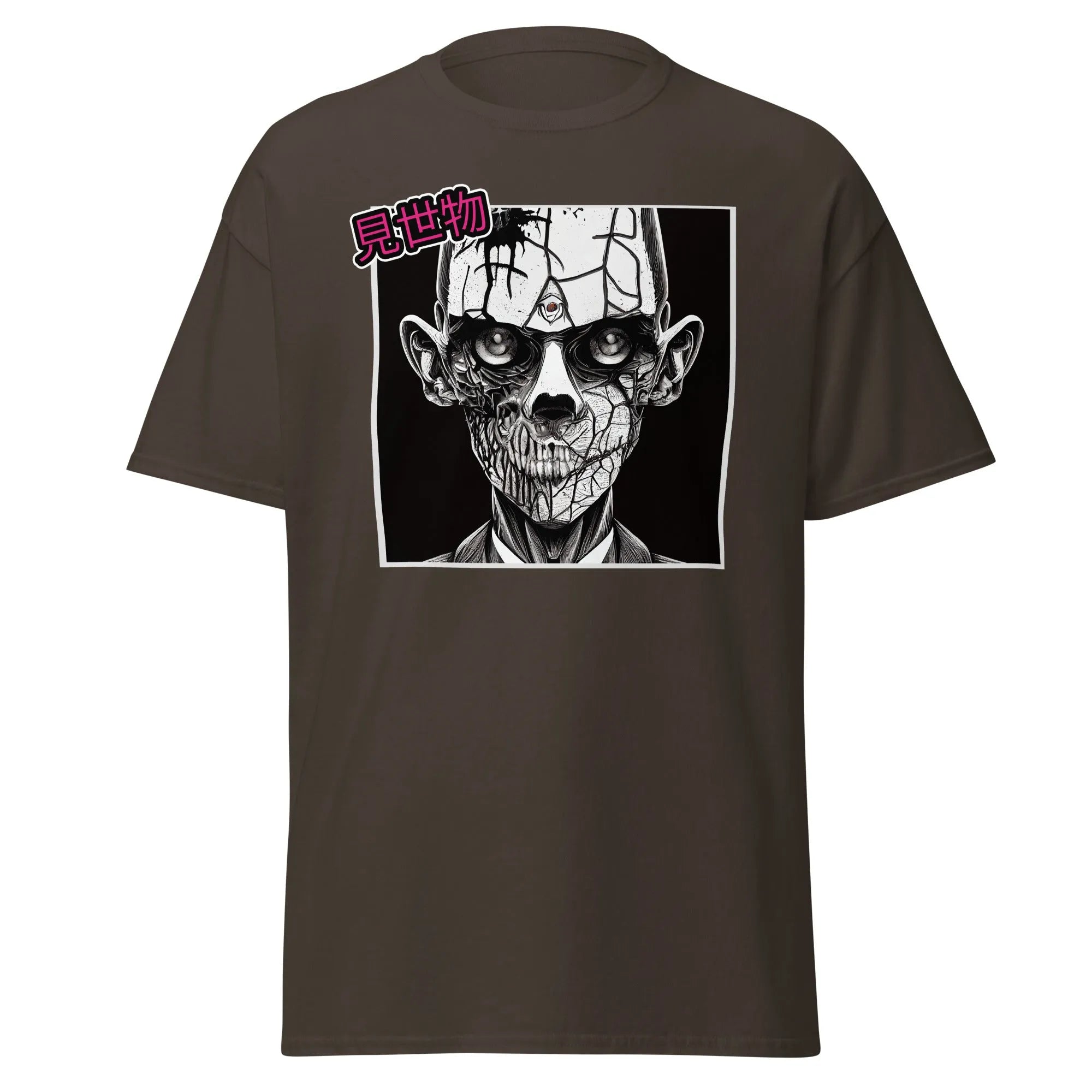 Gravewalker chocolate Halloween T-shirt features a black and white creepy zombie face with cracked skin and hollow eyes.