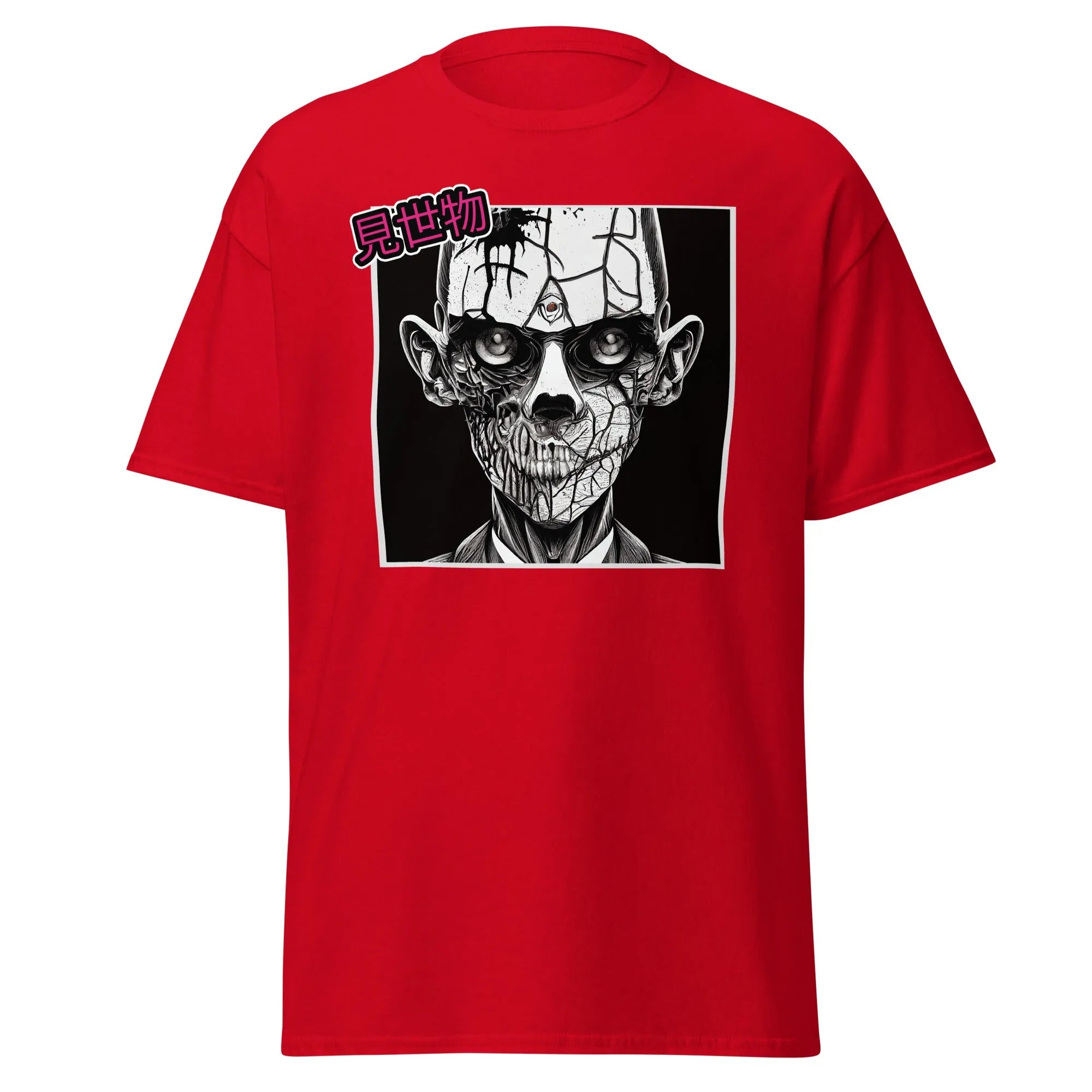 Gravewalker red Halloween T-shirt features a black and white creepy zombie face with cracked skin and hollow eyes.