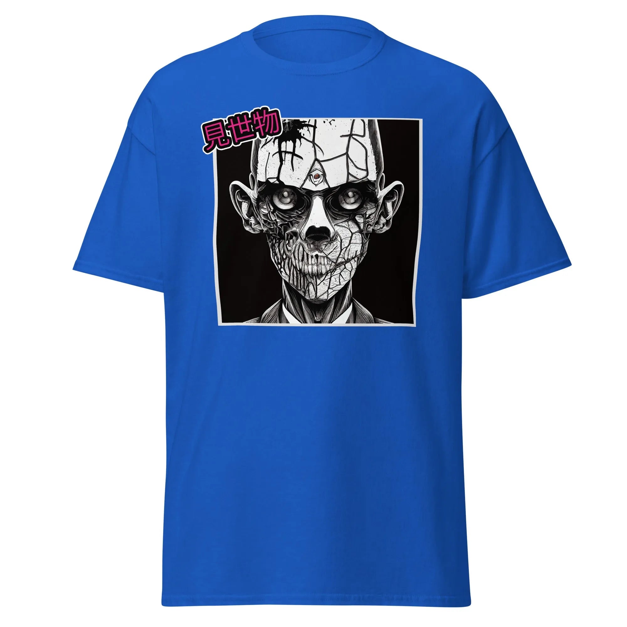 Gravewalker royal blue Halloween T-shirt features a black and white creepy zombie face with cracked skin and hollow eyes.