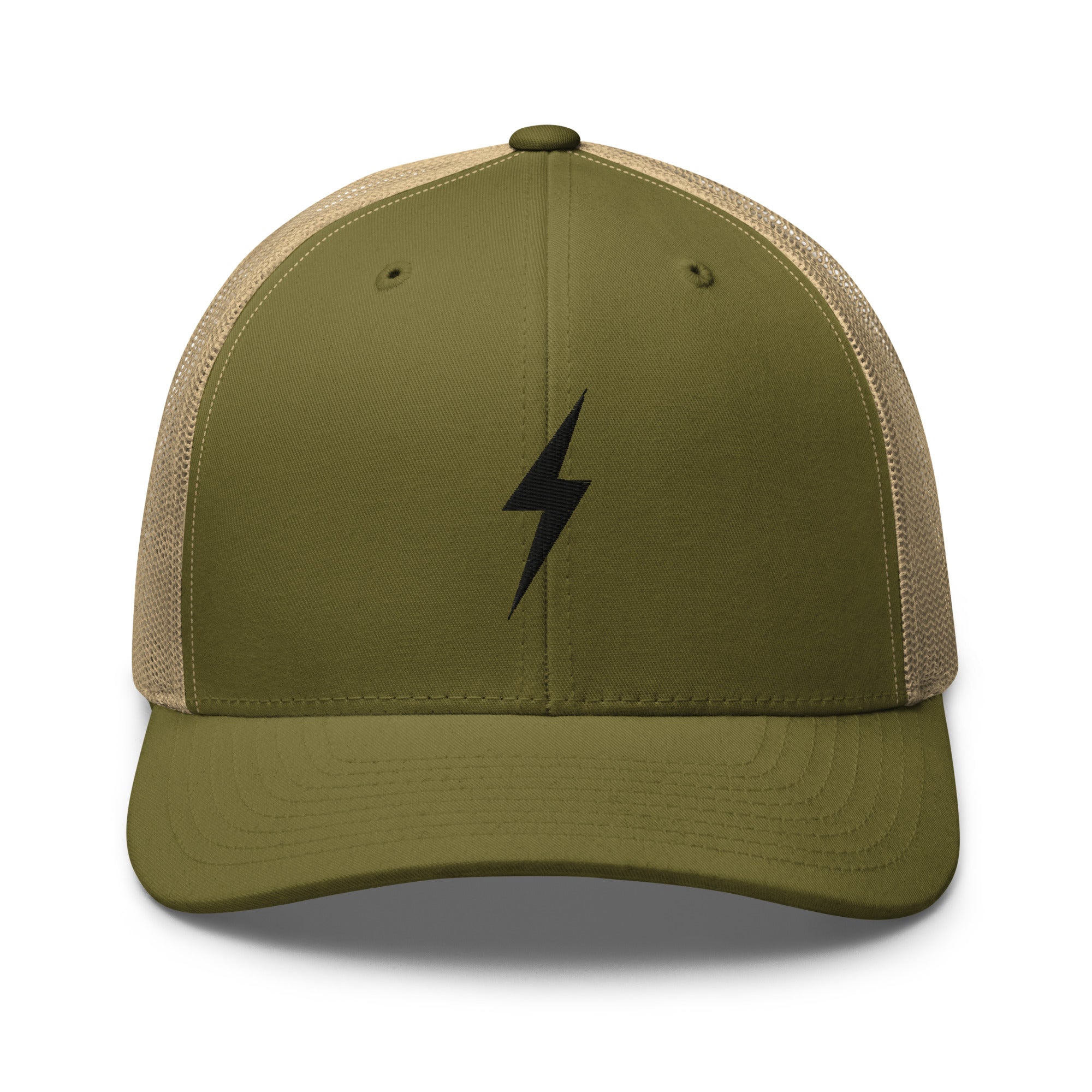 Army green trucker hat with a black lightning bolt design on front panel