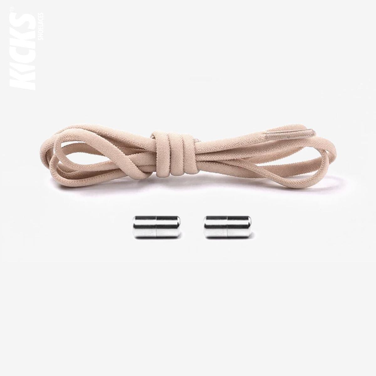 Beige oval no-tie elastic shoelaces with capsule lock system by Kicks Shoelaces