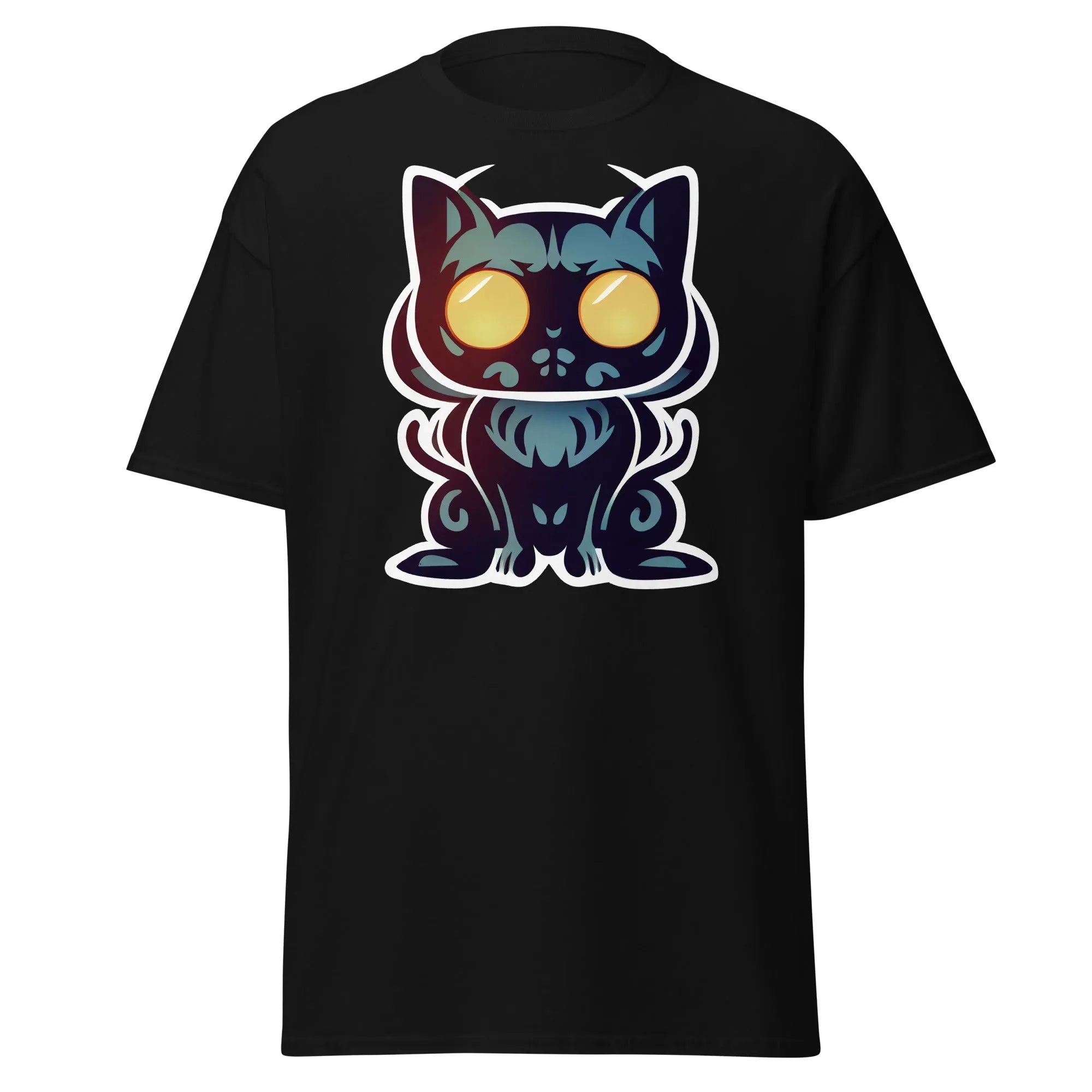 Black cat black Halloween T-shirt featuring a black cat face with large, glowing yellow eyes.