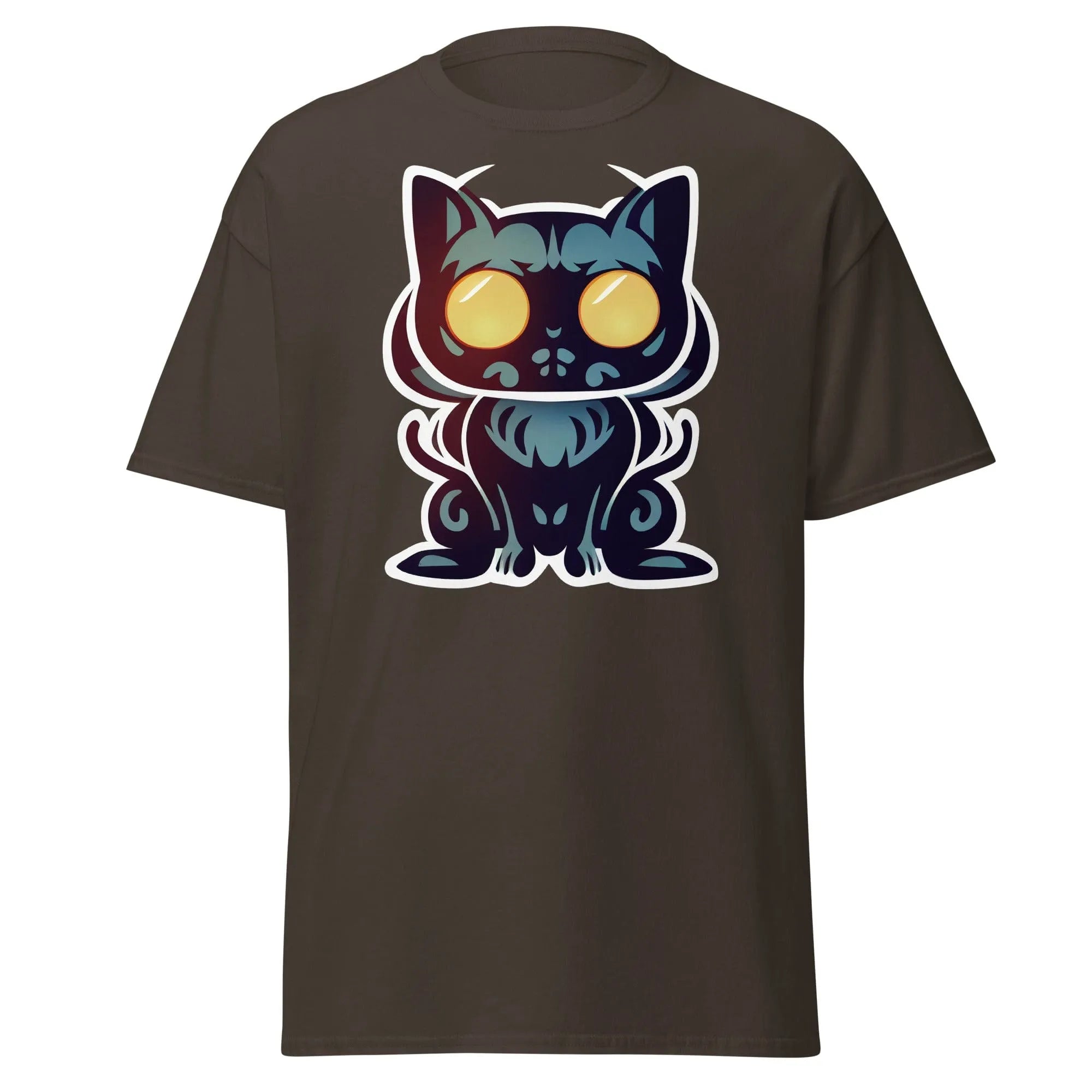 Black cat charcoal Halloween T-shirt featuring a black cat face with large, glowing yellow eyes.