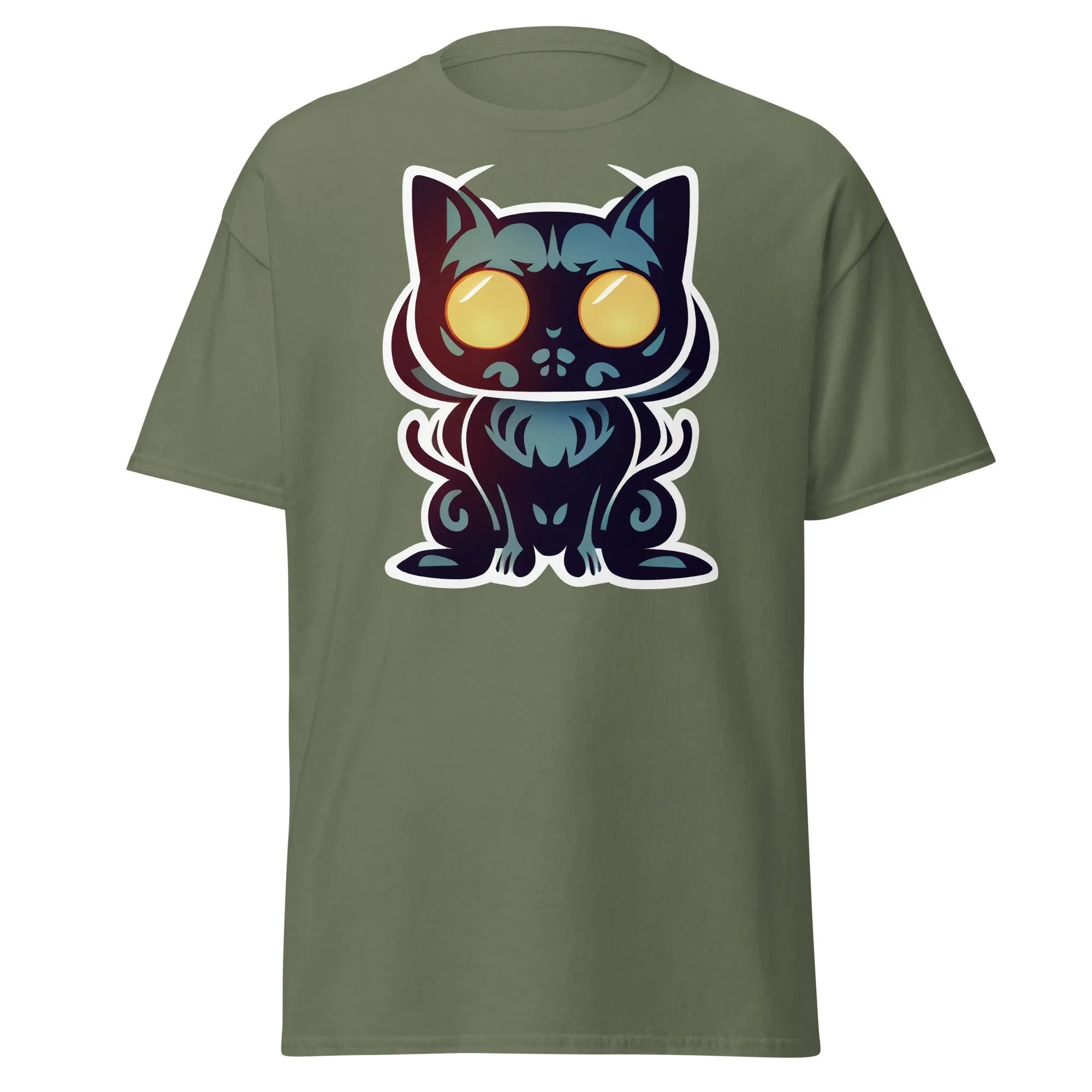 Black cat military green Halloween T-shirt featuring a black cat face with large, glowing yellow eyes.