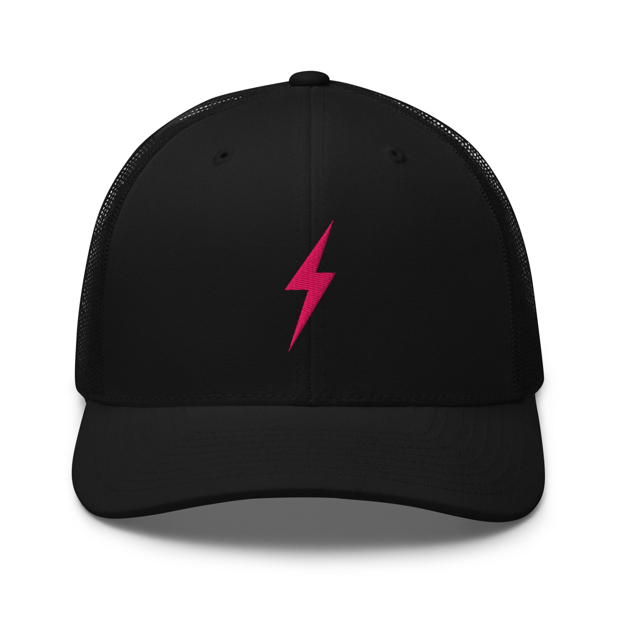 Black trucker hat with pink lightning bolt design on front panel