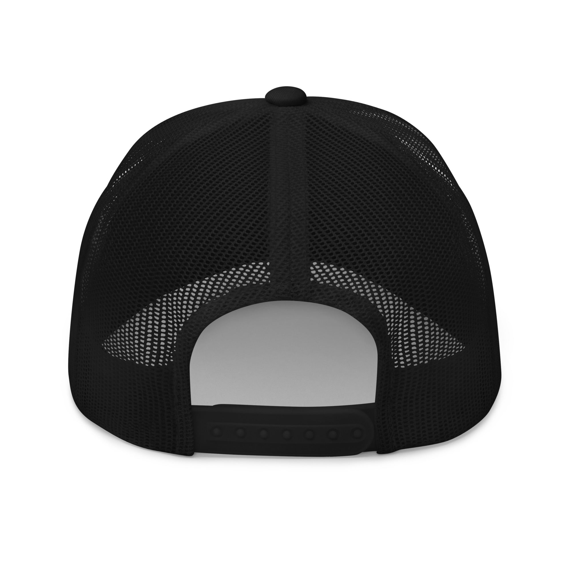 Rear view of black truckers hat with adjustable snapback closure