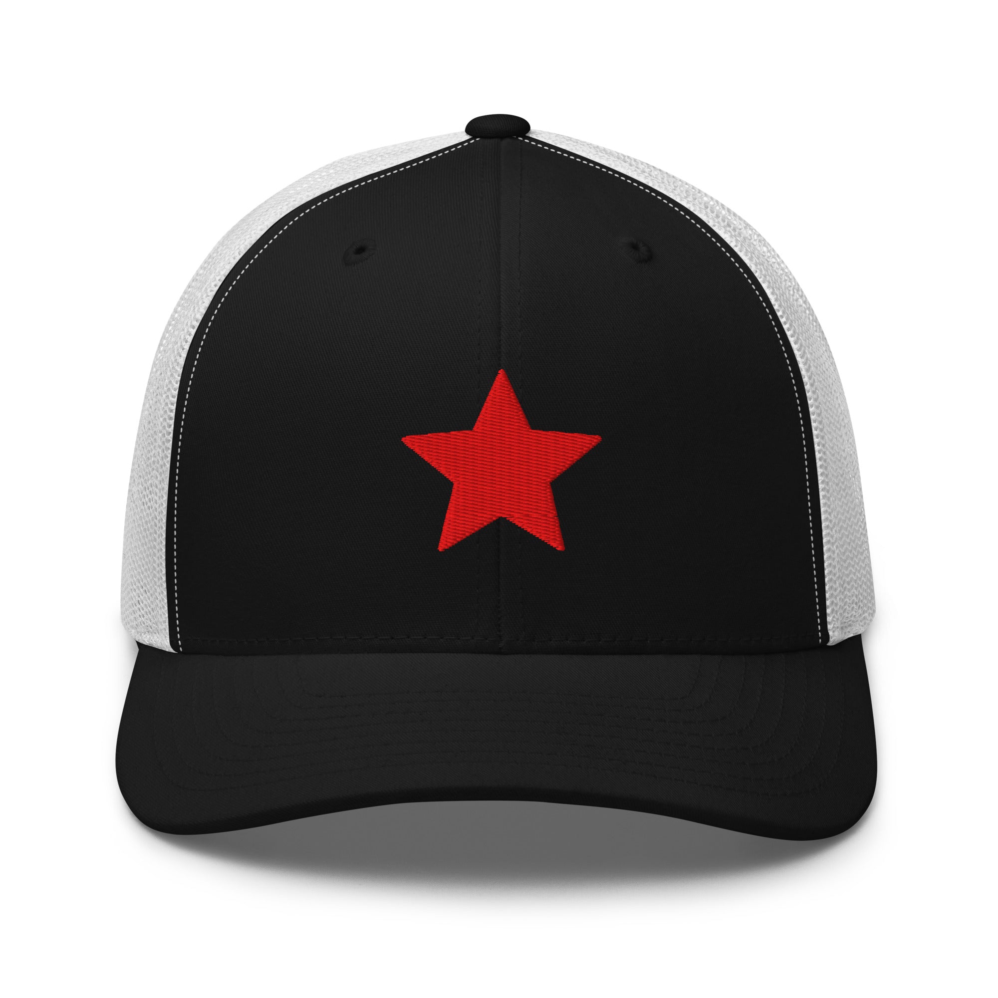 Black and white truckers hat with an embroidered red star, structured front, mesh back, and adjustable fit by Kicks Shoelaces