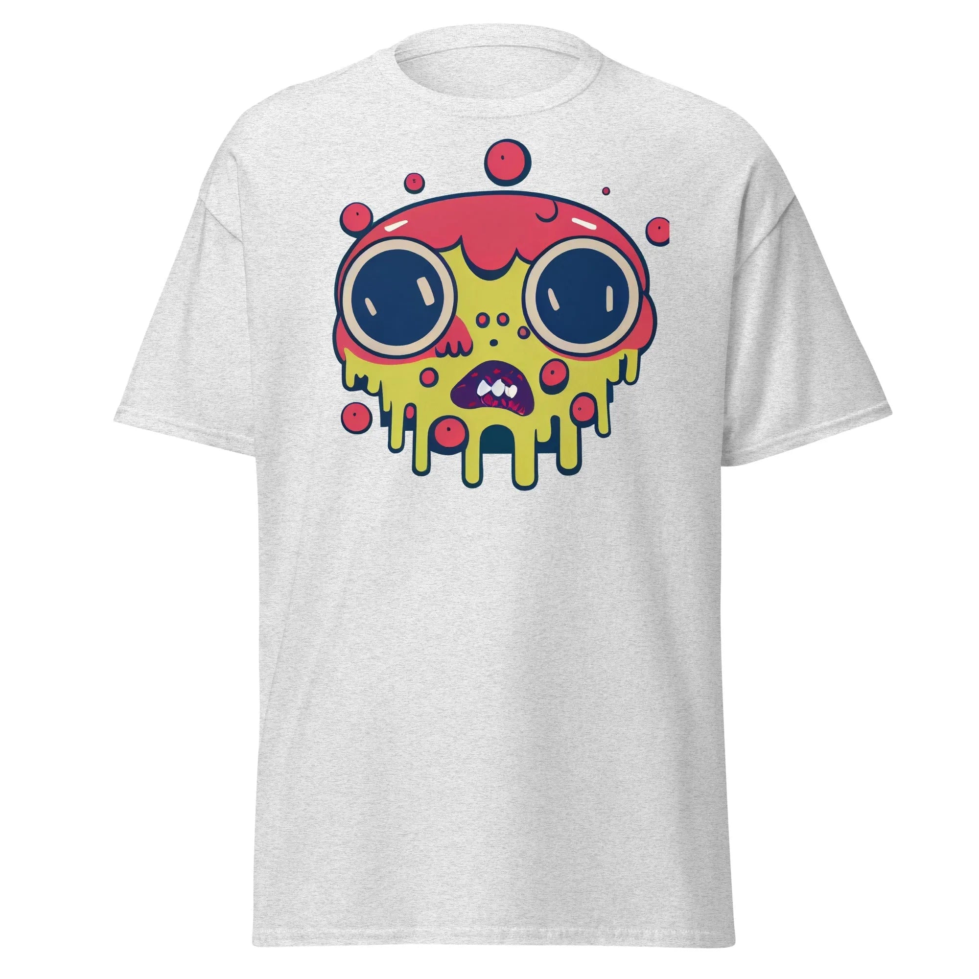 Blobula ash Halloween T-shirt featuring a cartoon melting face with wide eyes and a red and yellow head.