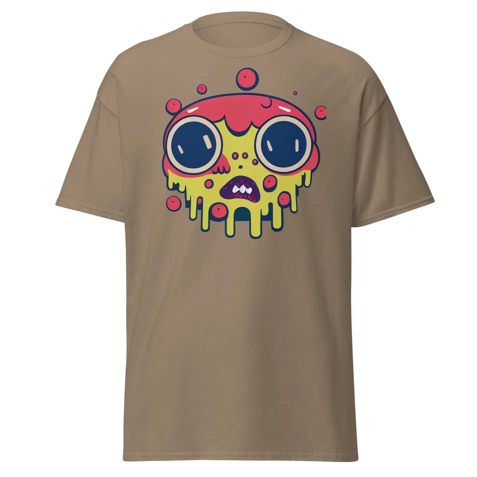 Blobula brown Halloween T-shirt featuring a cartoon melting face with wide eyes and a red and yellow head.