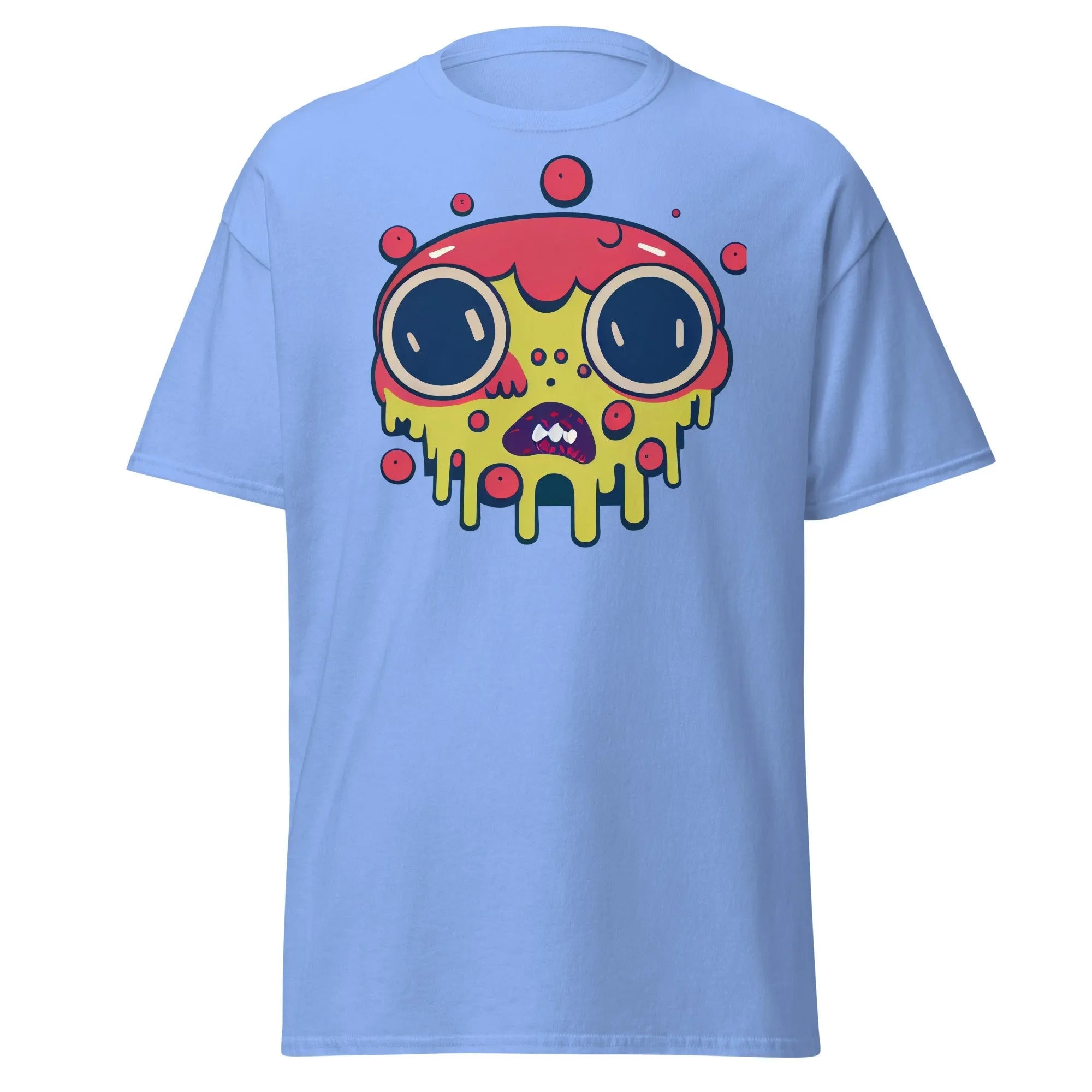 Blobula carolina blue Halloween T-shirt featuring a cartoon melting face with wide eyes and a red and yellow head.