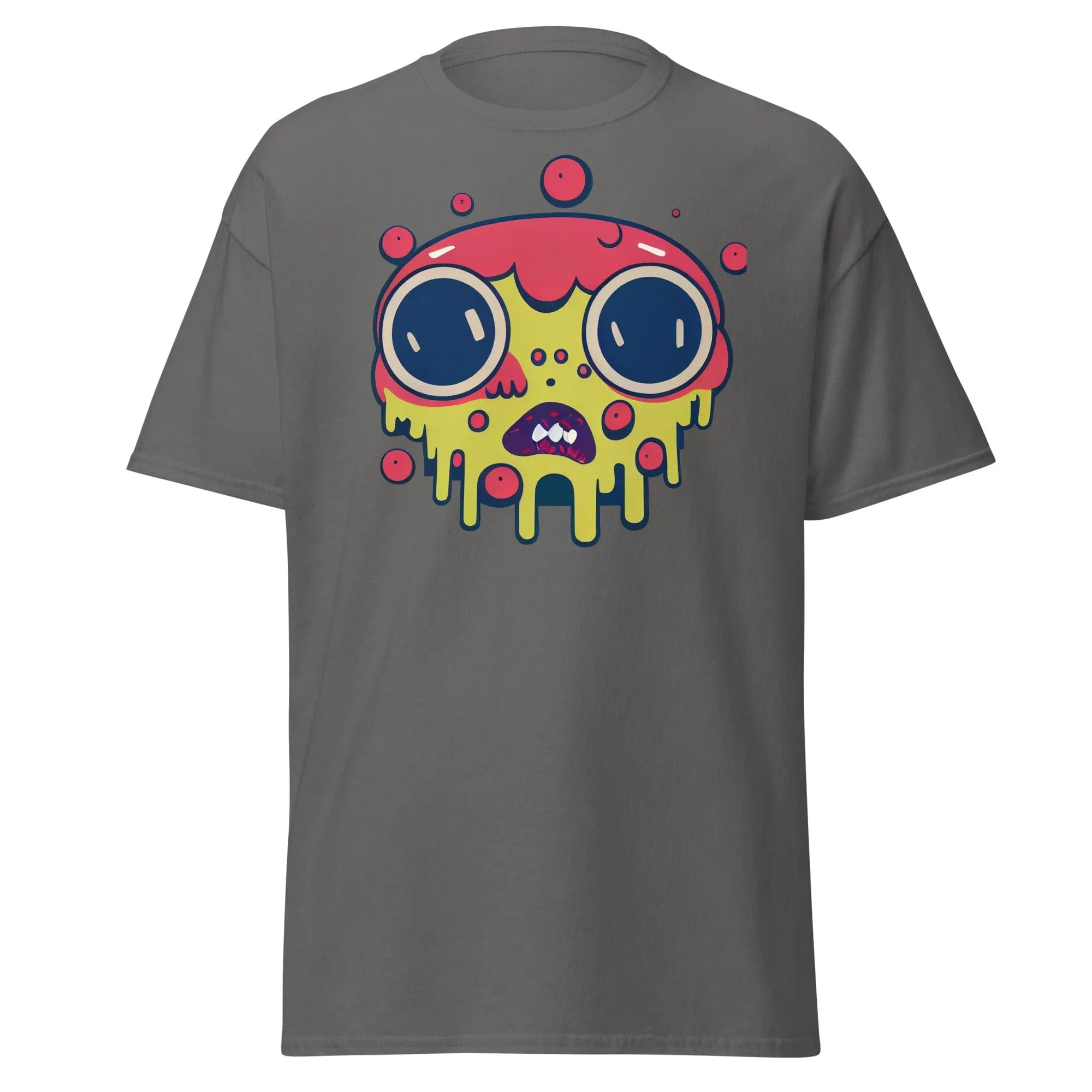 Blobula charcoal Halloween T-shirt featuring a cartoon melting face with wide eyes and a red and yellow head.