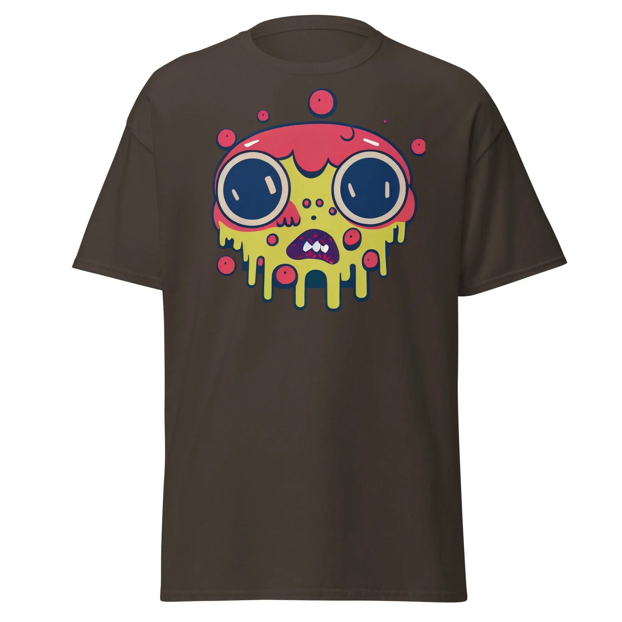 Blobula chocolate Halloween T-shirt featuring a cartoon melting face with wide eyes and a red and yellow head.