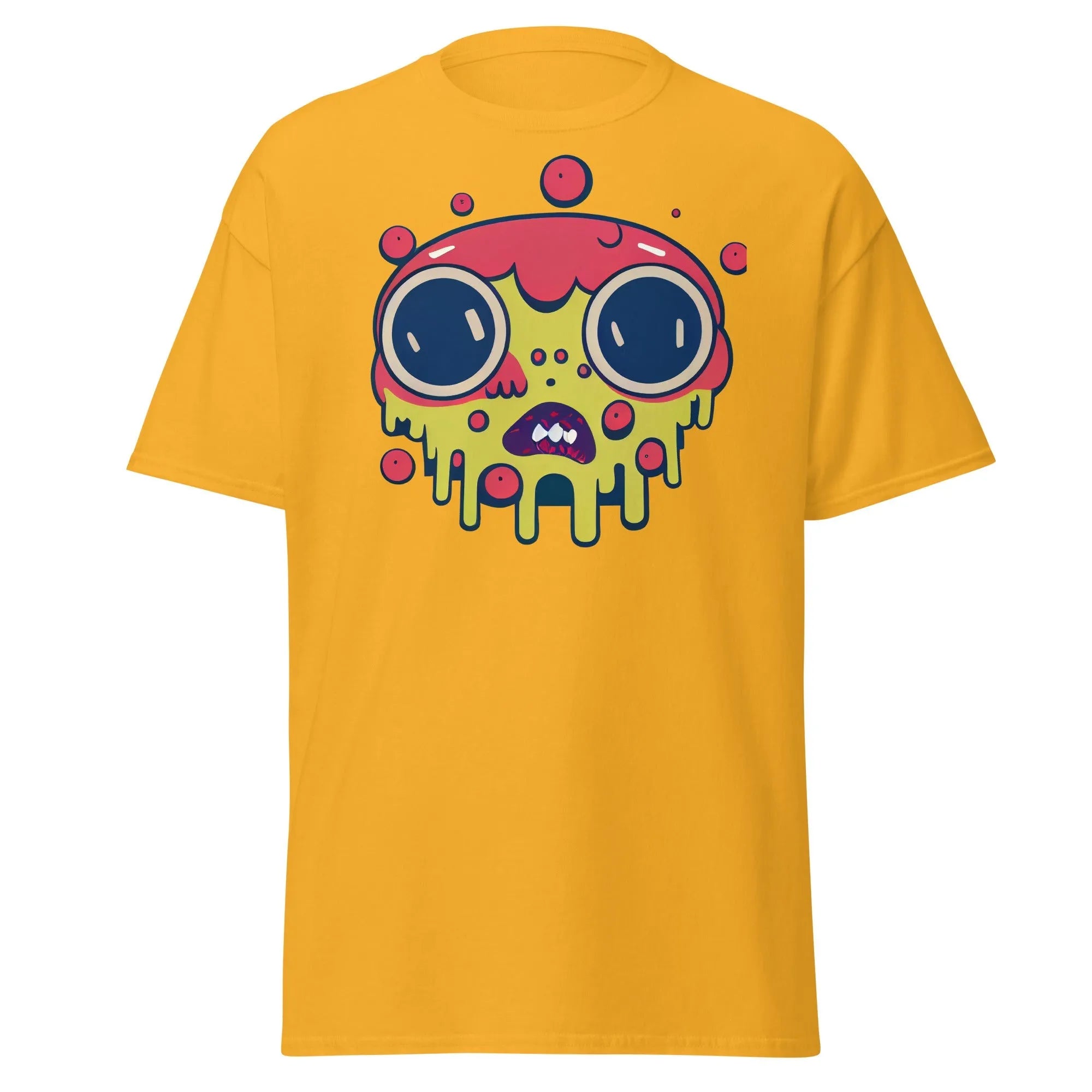 Blobula gold Halloween T-shirt featuring a cartoon melting face with wide eyes and a red and yellow head.