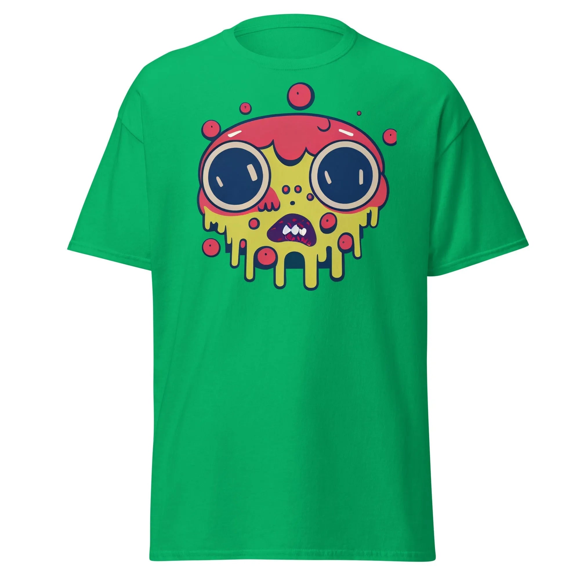 Blobula green Halloween T-shirt featuring a cartoon melting face with wide eyes and a red and yellow head.