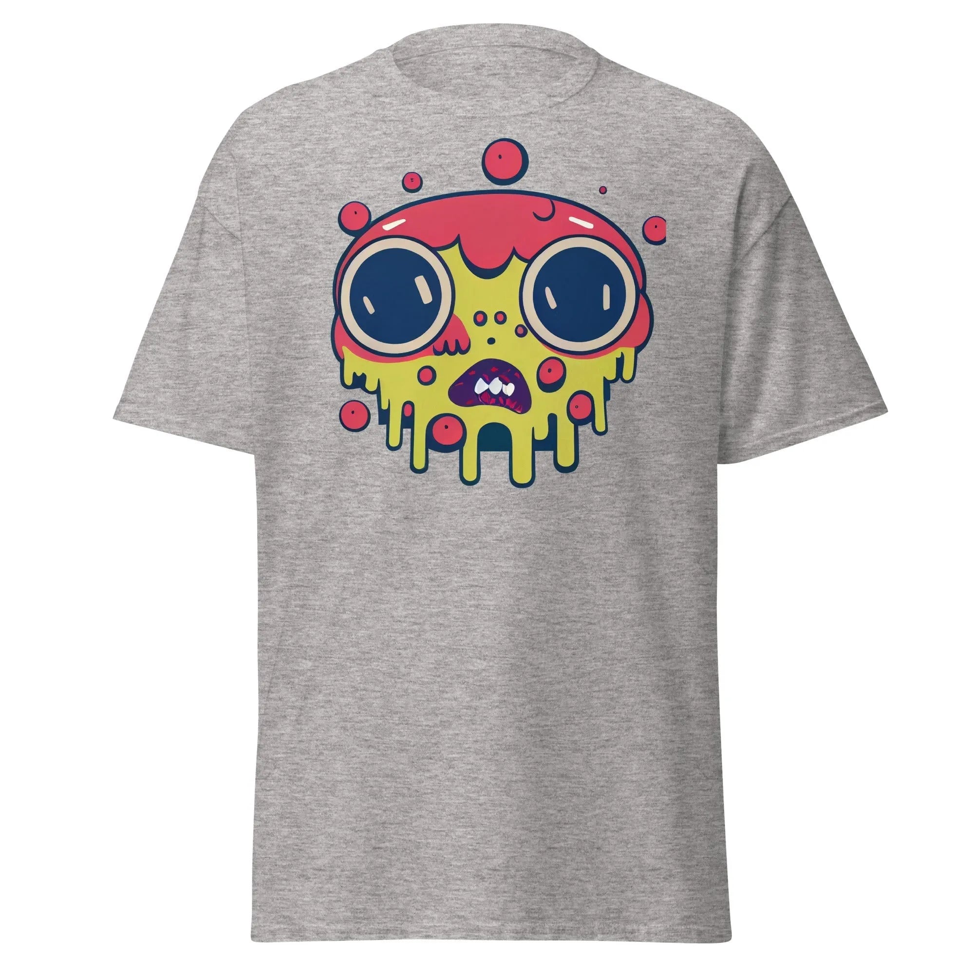Blobula grey Halloween T-shirt featuring a cartoon melting face with wide eyes and a red and yellow head.