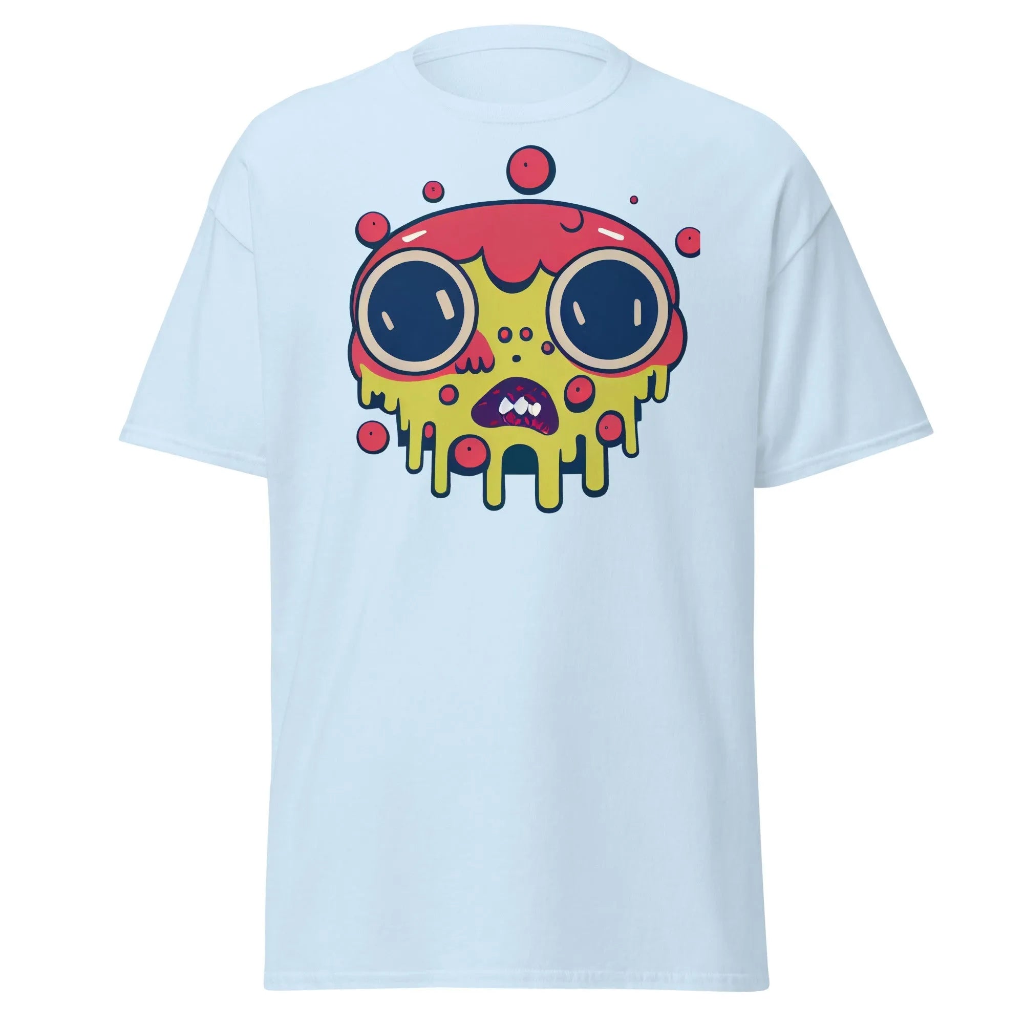 Blobula light blue Halloween T-shirt featuring a cartoon melting face with wide eyes and a red and yellow head.