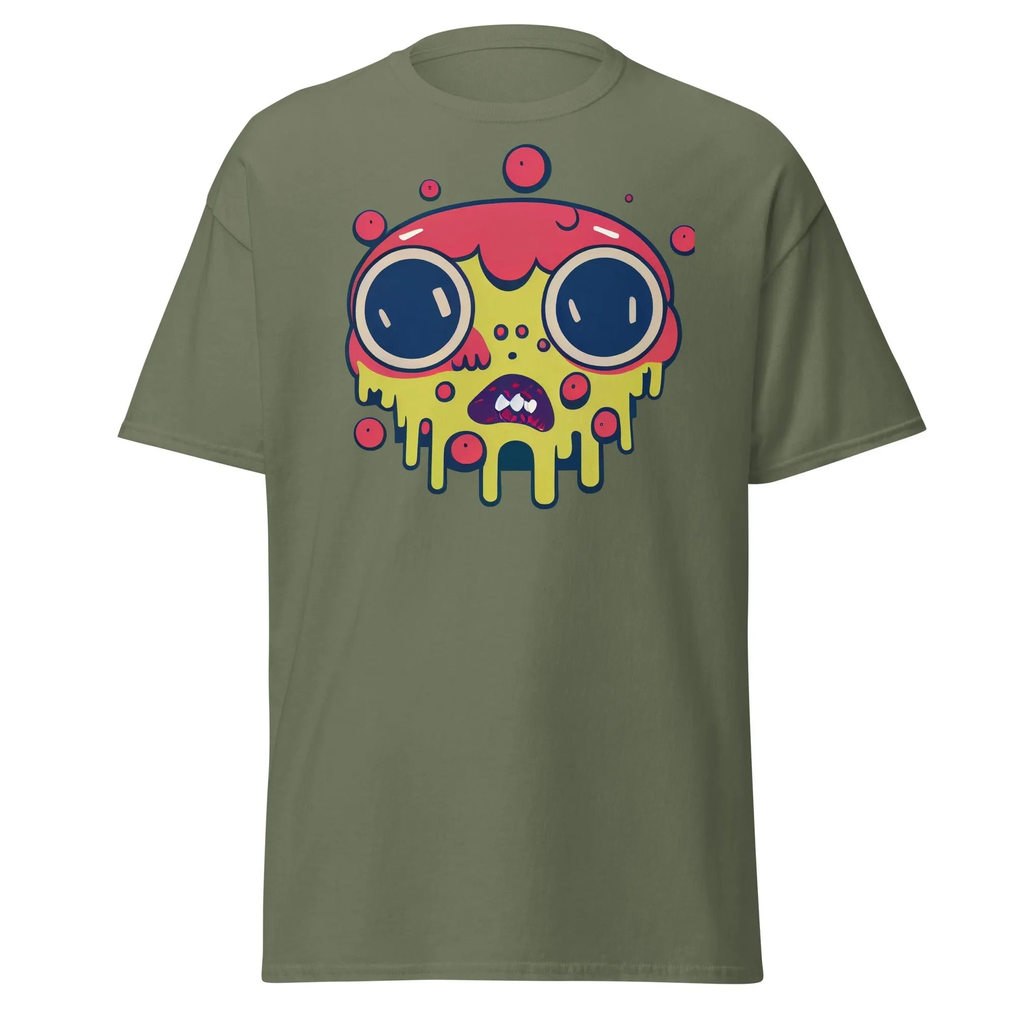 Blobula military green Halloween T-shirt featuring a cartoon melting face with wide eyes and a red and yellow head.