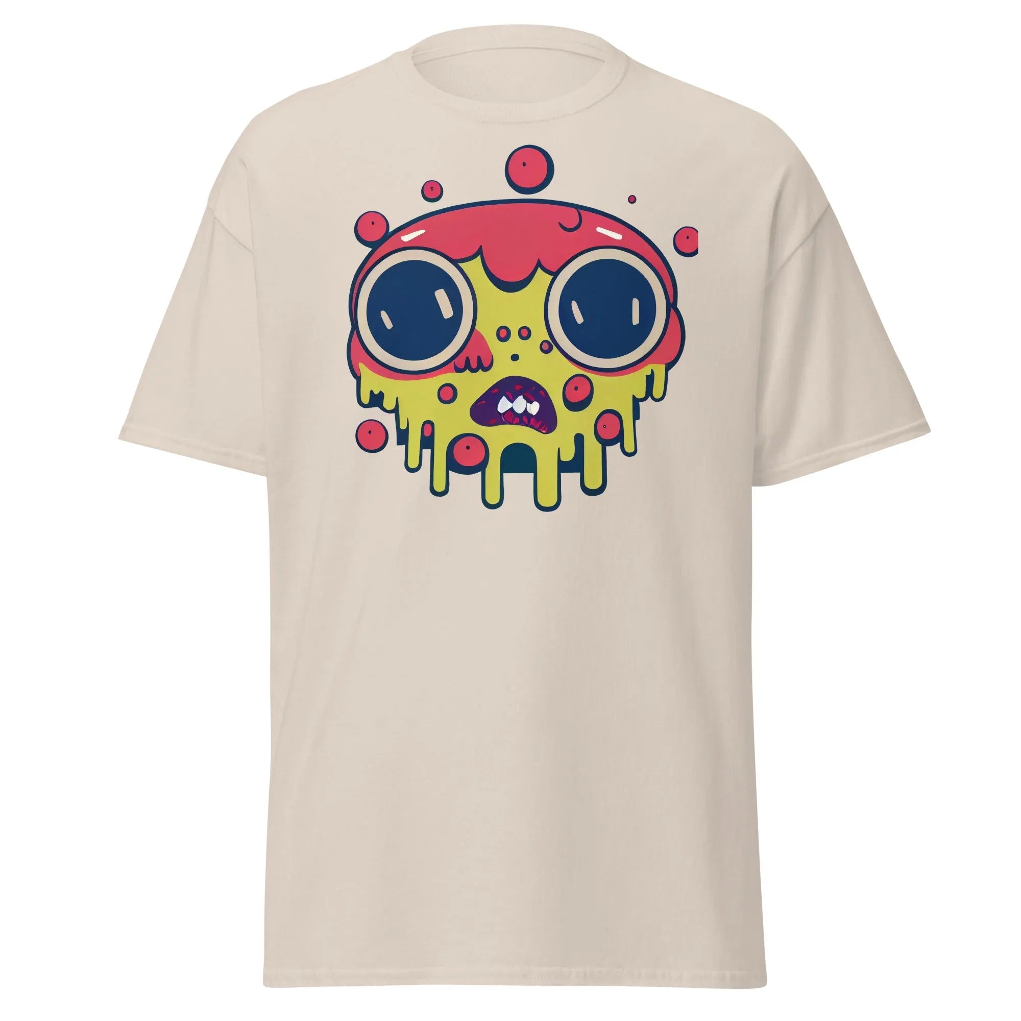 Blobula natural Halloween T-shirt featuring a cartoon melting face with wide eyes and a red and yellow head.