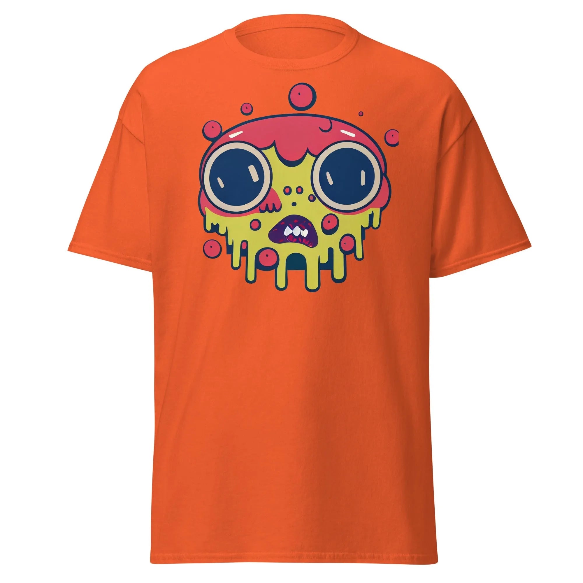 Blobula orange Halloween T-shirt featuring a cartoon melting face with wide eyes and a red and yellow head.