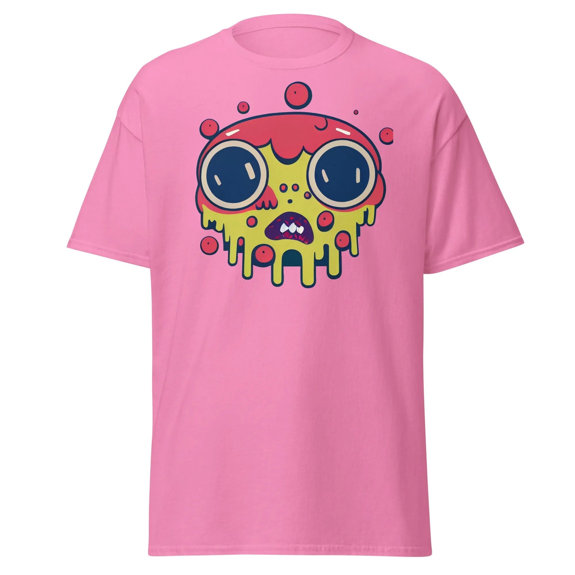 Blobula pink Halloween T-shirt featuring a cartoon melting face with wide eyes and a red and yellow head.