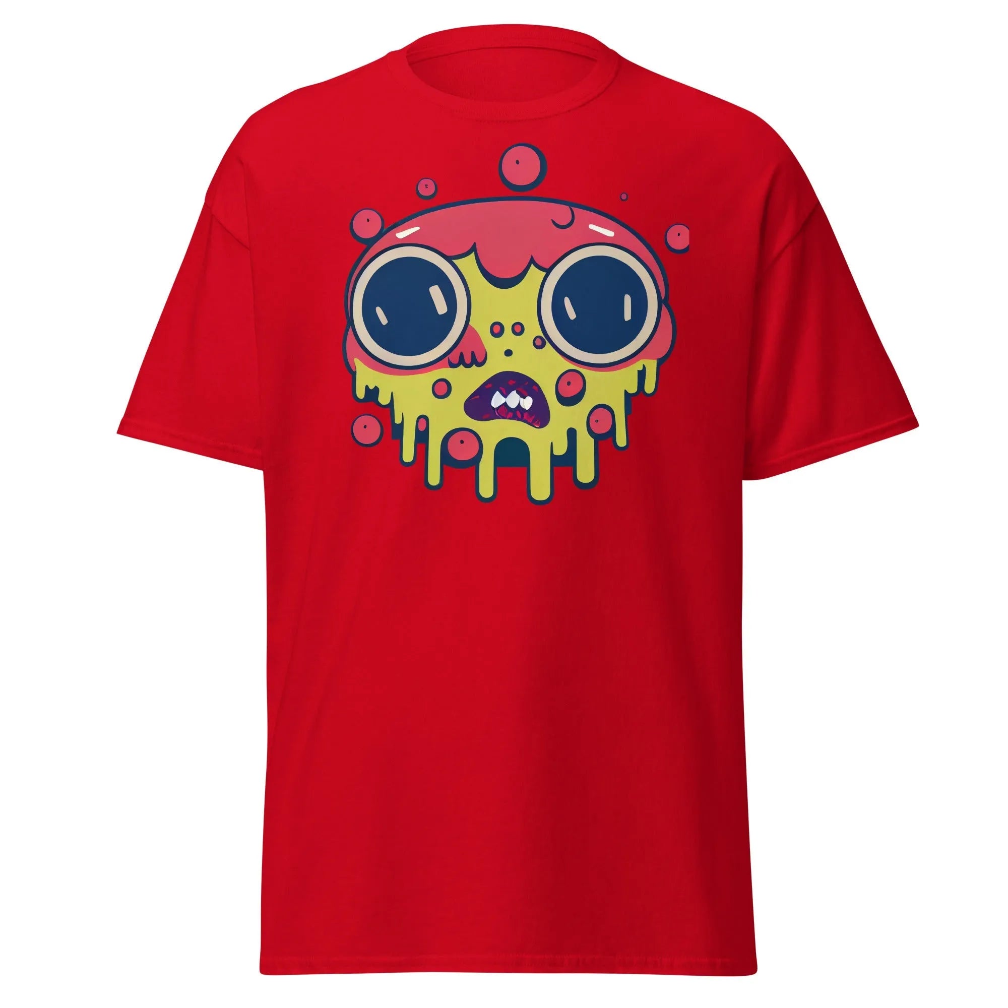 Blobula red Halloween T-shirt featuring a cartoon melting face with wide eyes and a red and yellow head.