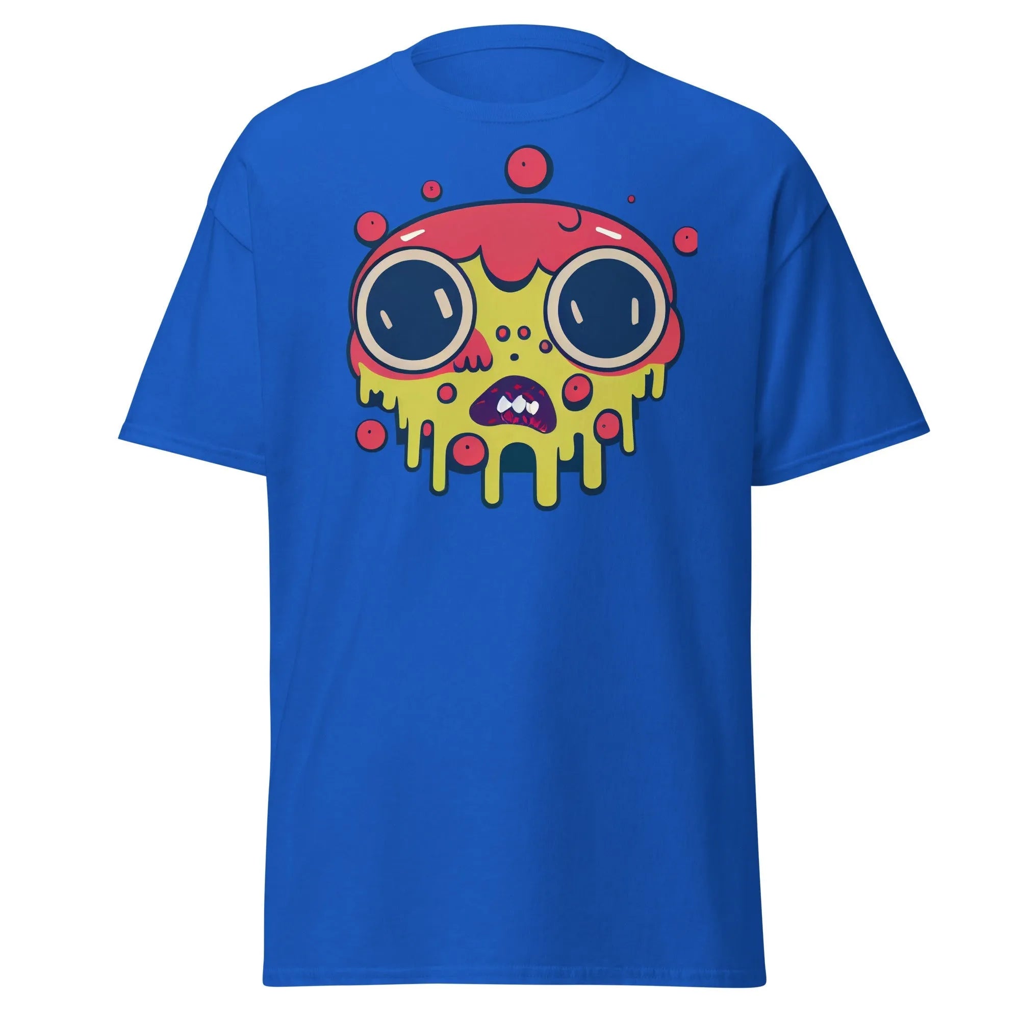 Blobula royal blue Halloween T-shirt featuring a cartoon melting face with wide eyes and a red and yellow head.