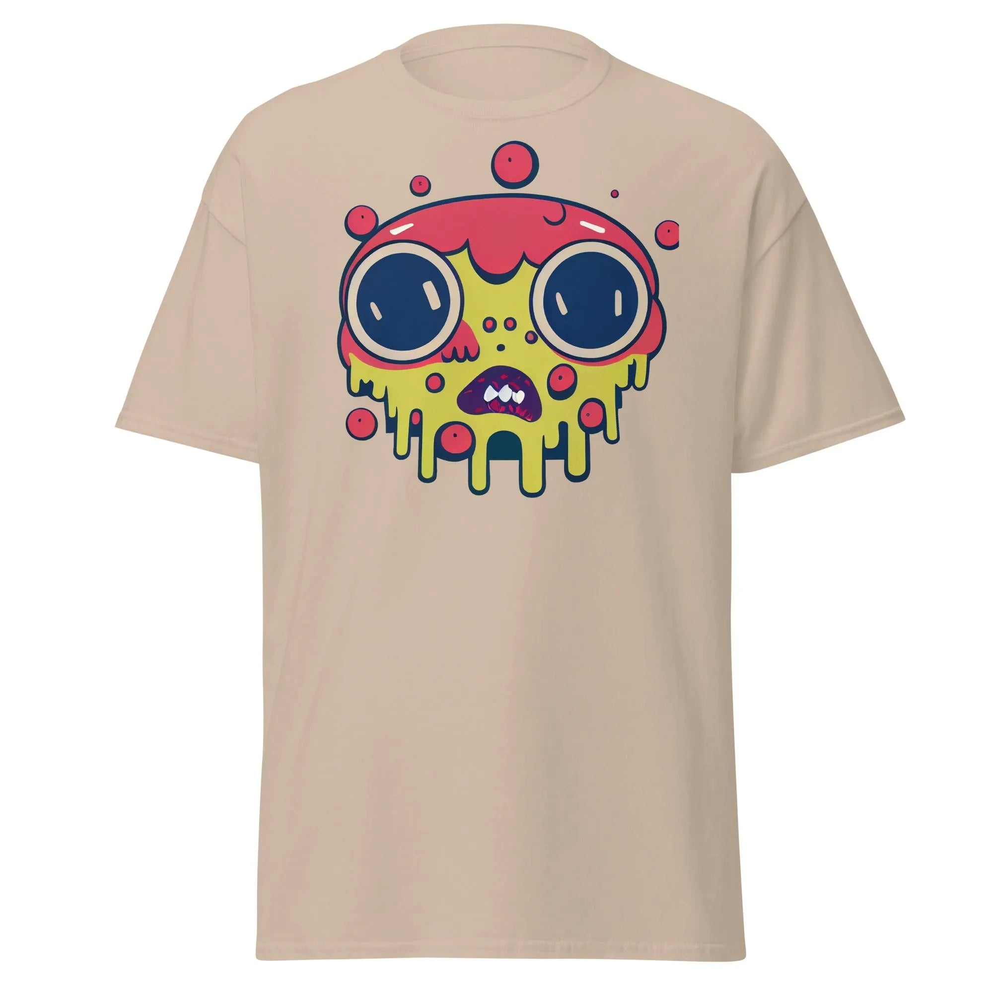 Blobula sand Halloween T-shirt featuring a cartoon melting face with wide eyes and a red and yellow head.