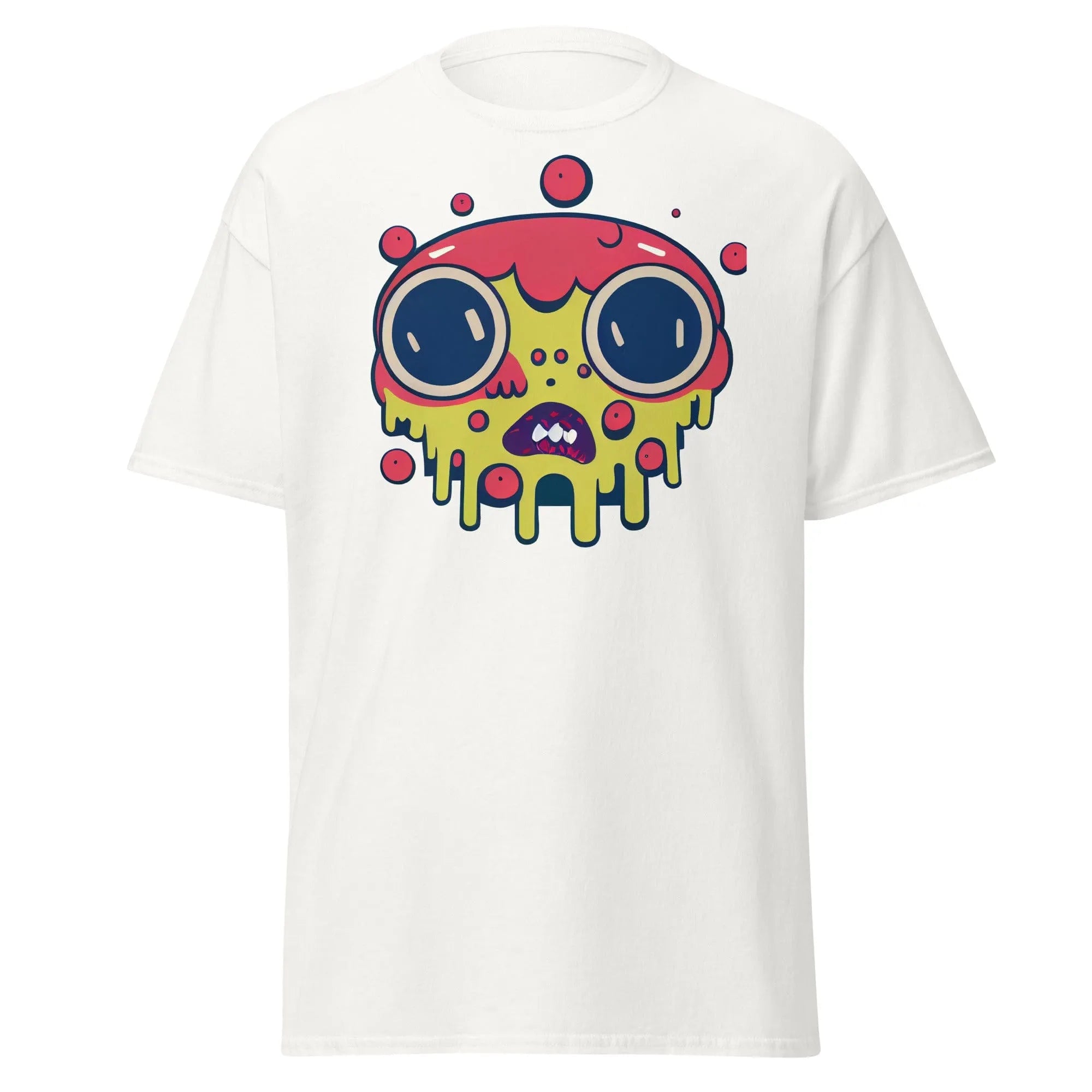 Blobula white Halloween T-shirt featuring a cartoon melting face with wide eyes and a red and yellow head.