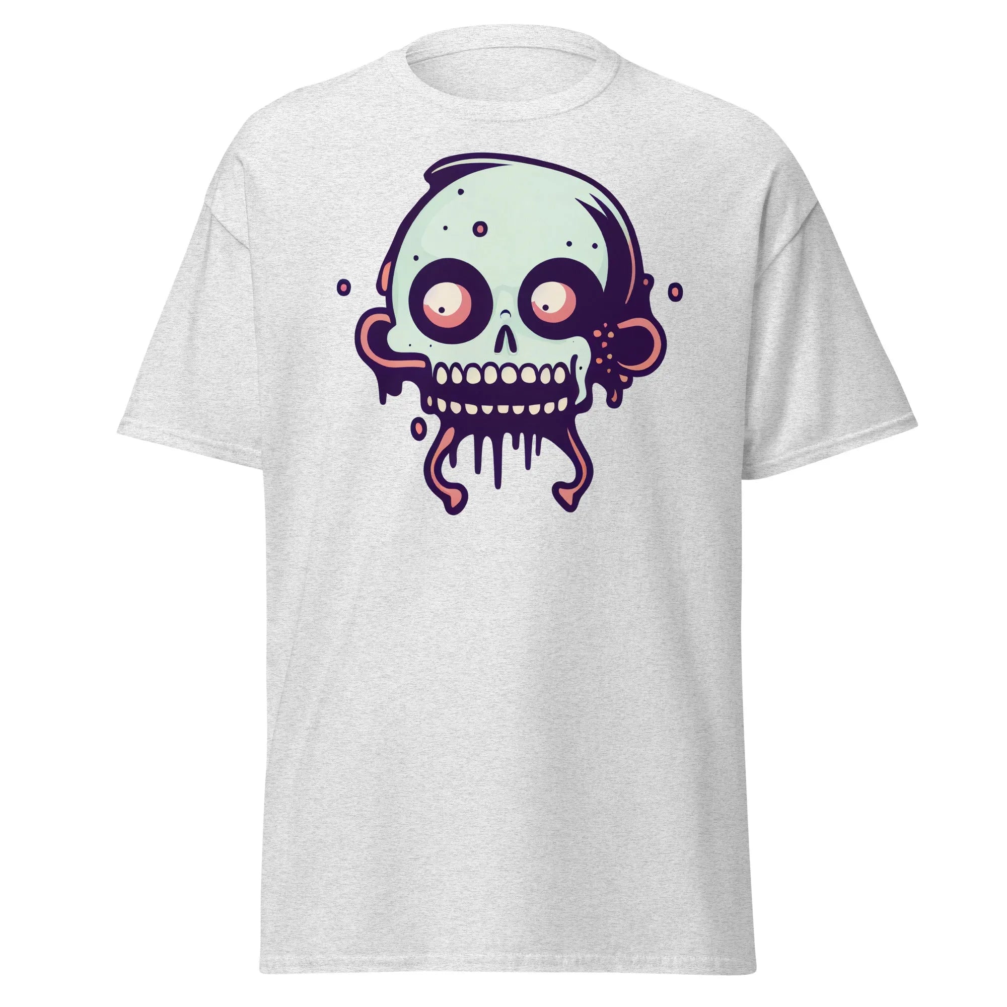 Bonehead ash Halloween T-shirt featuring a cartoon-style, wide-eyed, mint green skull with drips.