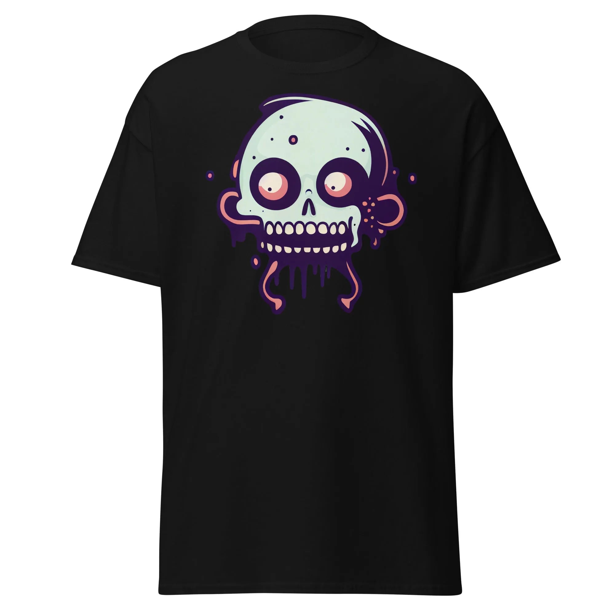 Bonehead black Halloween T-shirt featuring a cartoon-style, wide-eyed, mint green skull with drips.