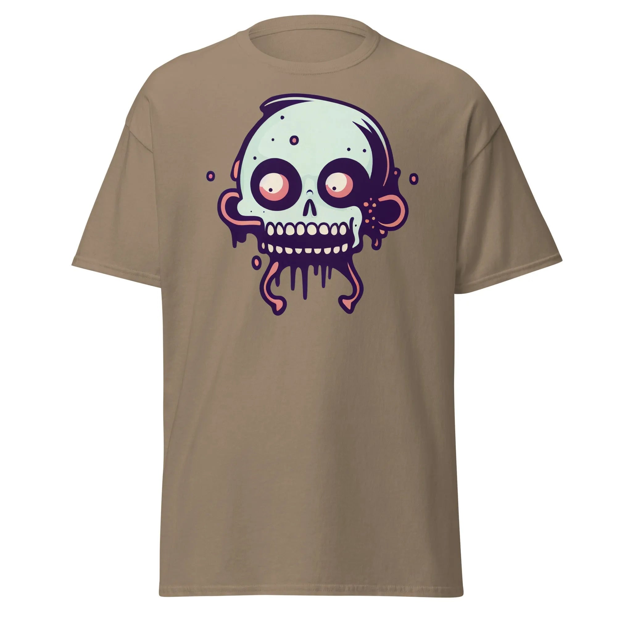 Bonehead brown Halloween T-shirt featuring a cartoon-style, wide-eyed, mint green skull with drips.