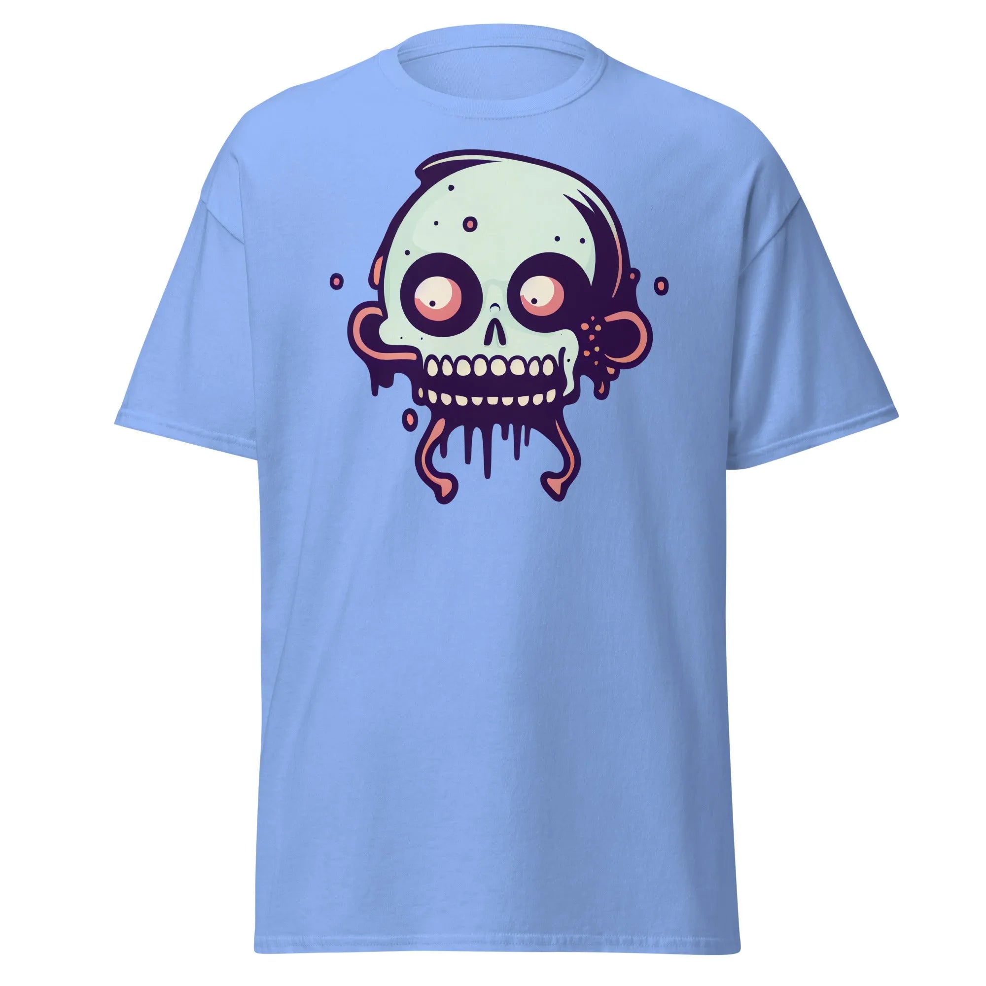 Bonehead carolina blue Halloween T-shirt featuring a cartoon-style, wide-eyed, mint green skull with drips.