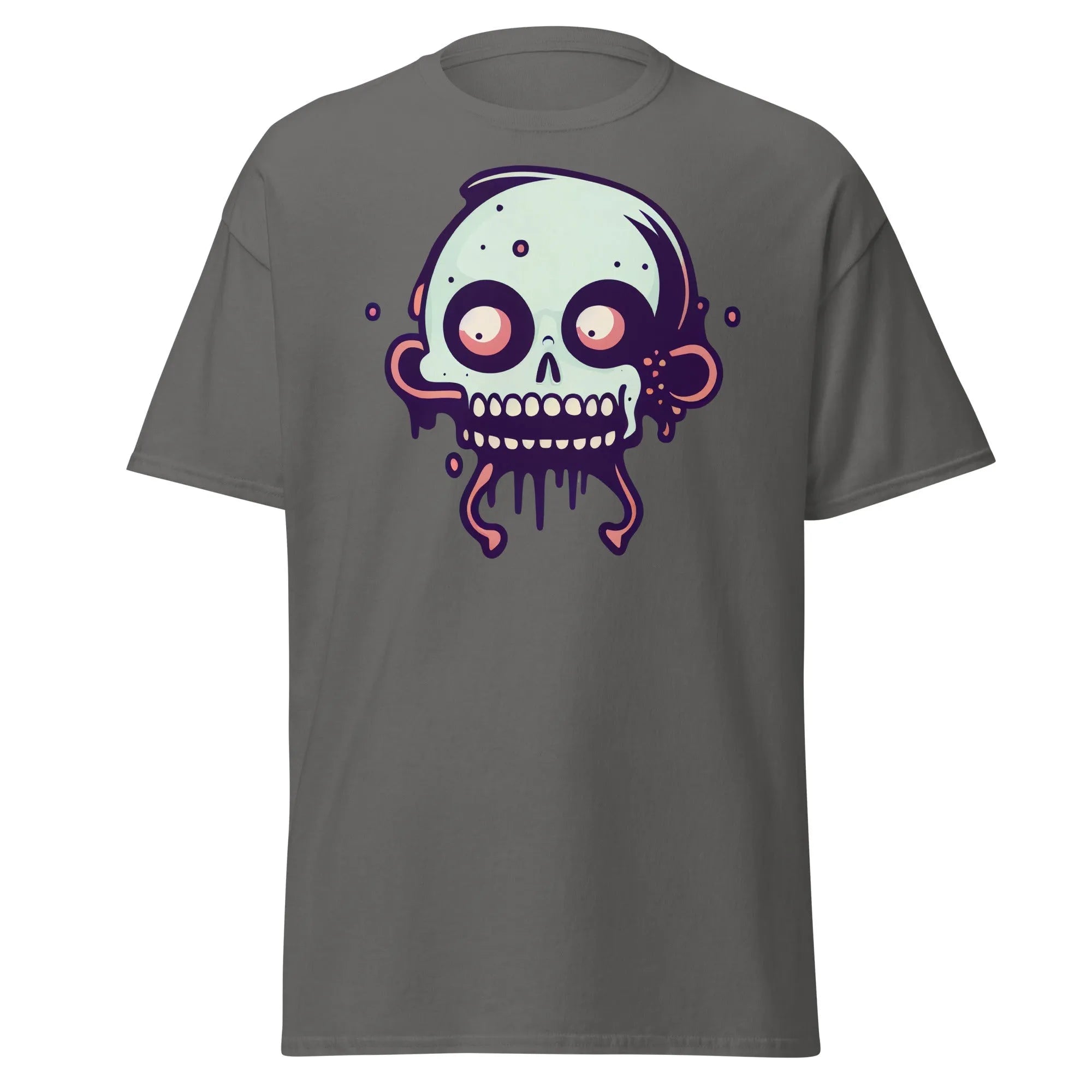 Bonehead charcoal Halloween T-shirt featuring a cartoon-style, wide-eyed, mint green skull with drips.