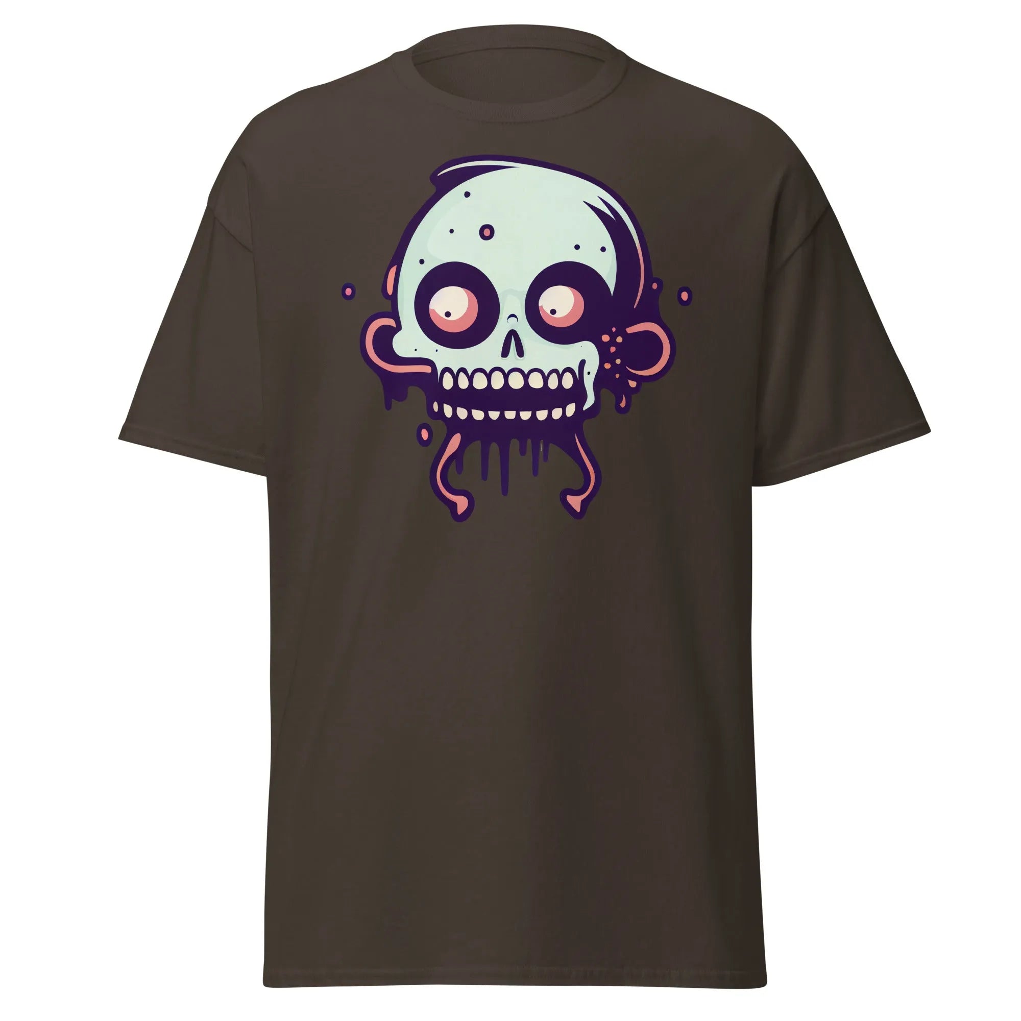 Bonehead chocolate Halloween T-shirt featuring a cartoon-style, wide-eyed, mint green skull with drips.