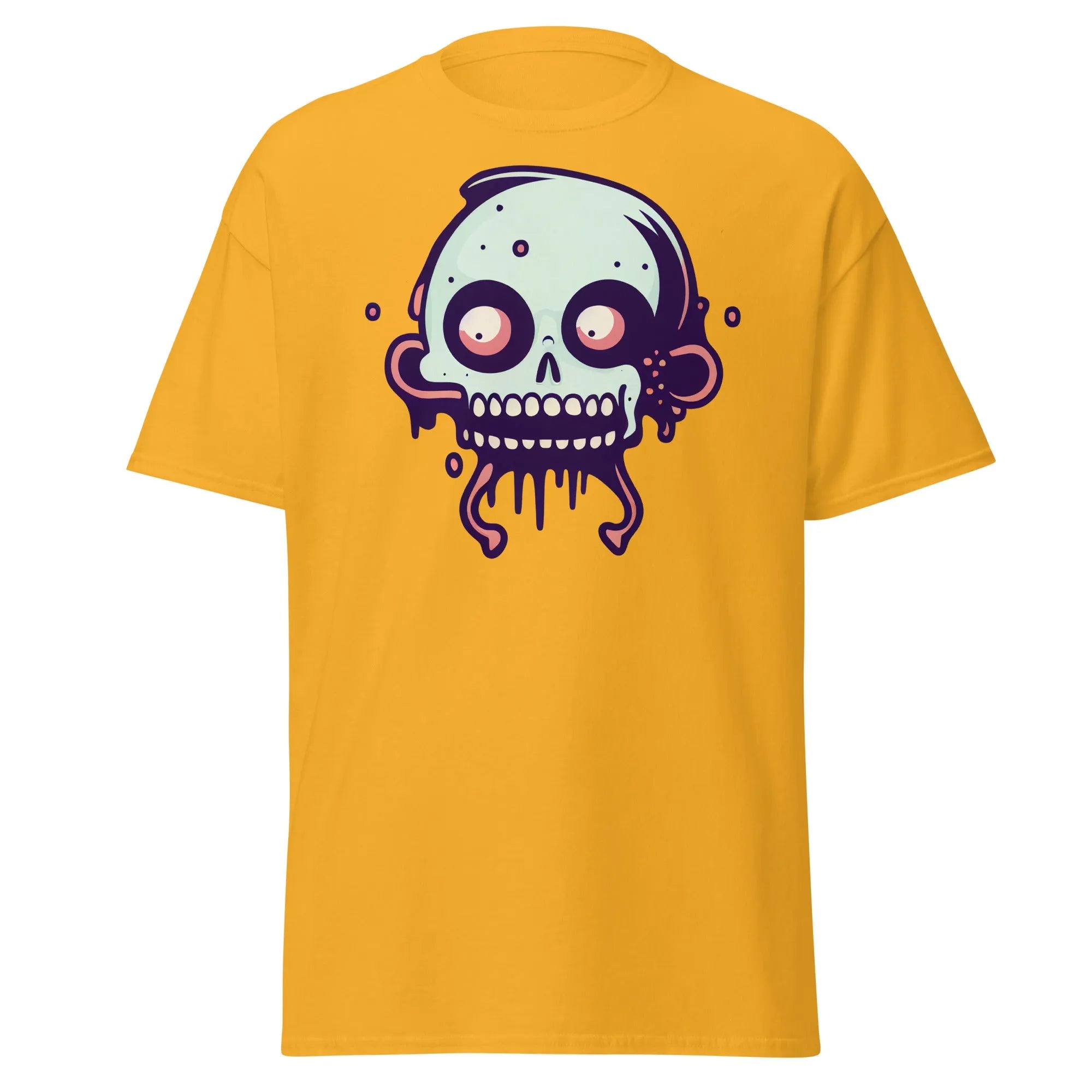 Bonehead gold Halloween T-shirt featuring a cartoon-style, wide-eyed, mint green skull with drips.
