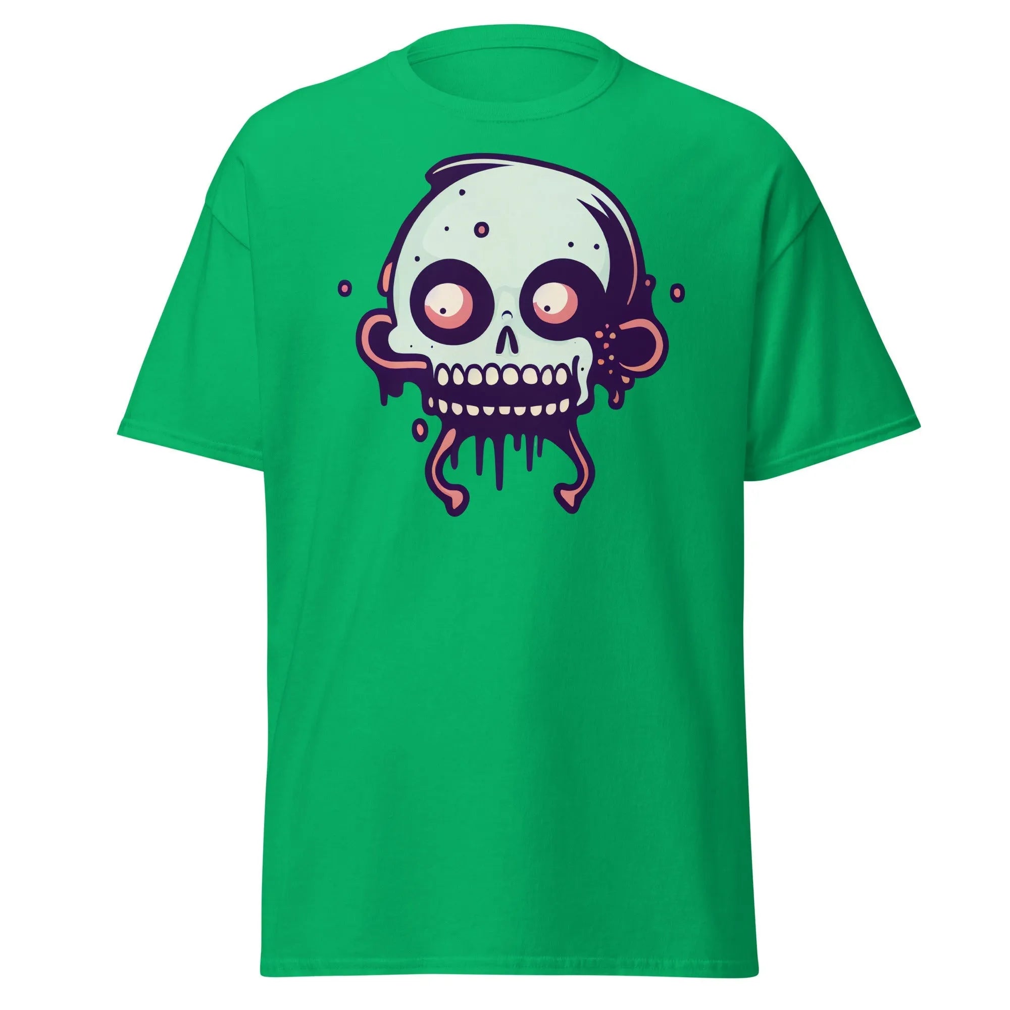Bonehead green Halloween T-shirt featuring a cartoon-style, wide-eyed, mint green skull with drips.