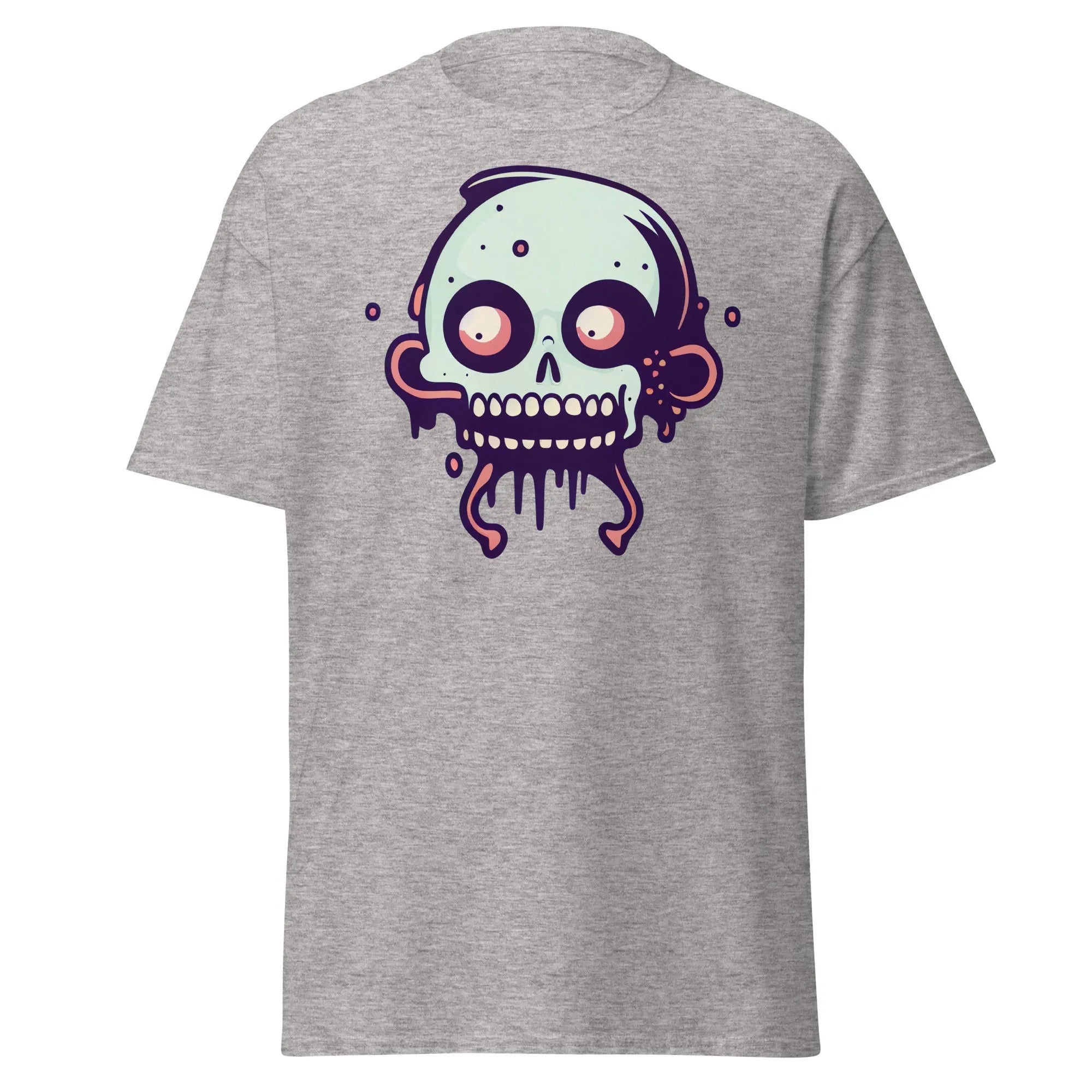 Bonehead grey Halloween T-shirt featuring a cartoon-style, wide-eyed, mint green skull with drips.