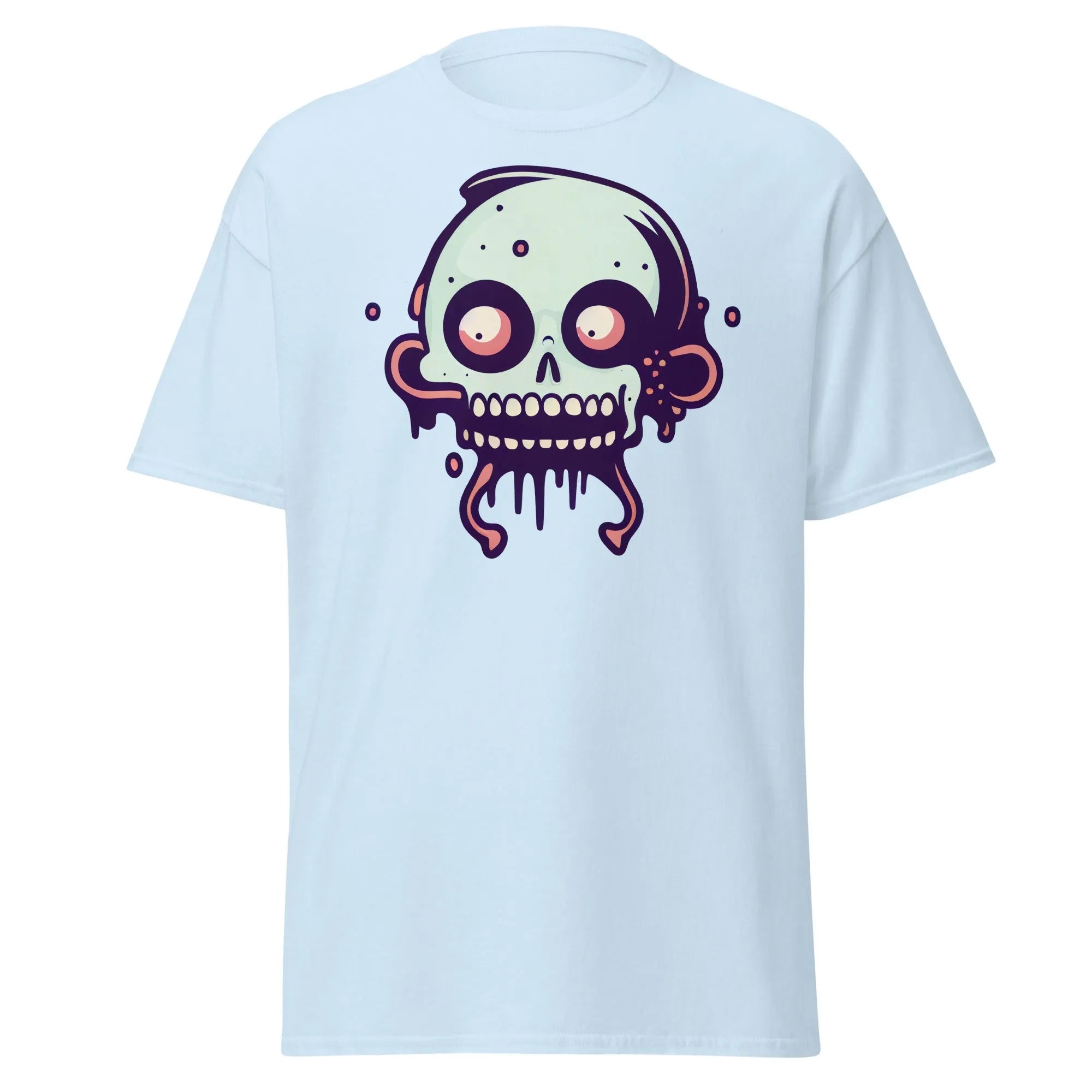 Bonehead light blue Halloween T-shirt featuring a cartoon-style, wide-eyed, mint green skull with drips.