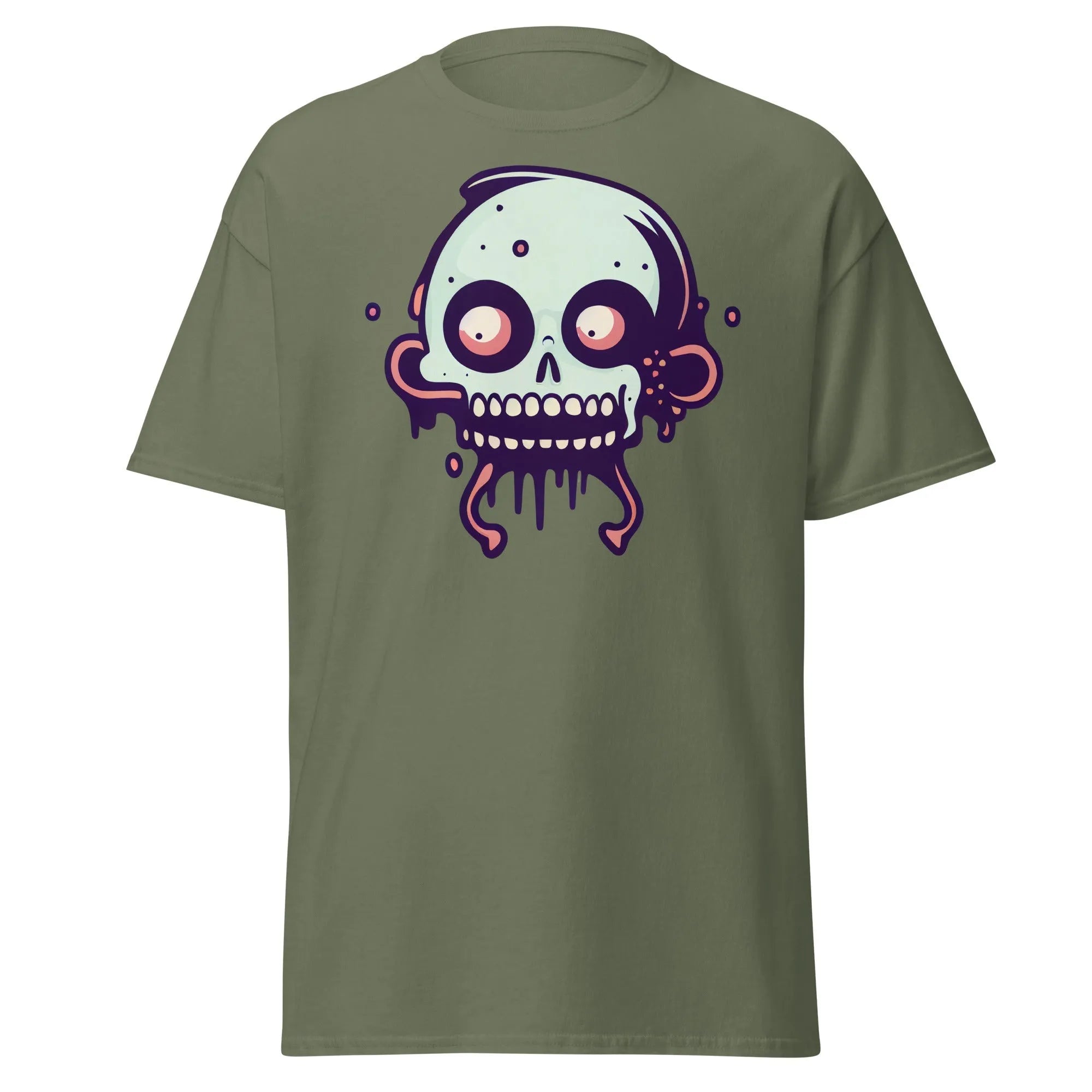 Bonehead military green Halloween T-shirt featuring a cartoon-style, wide-eyed, mint green skull with drips.