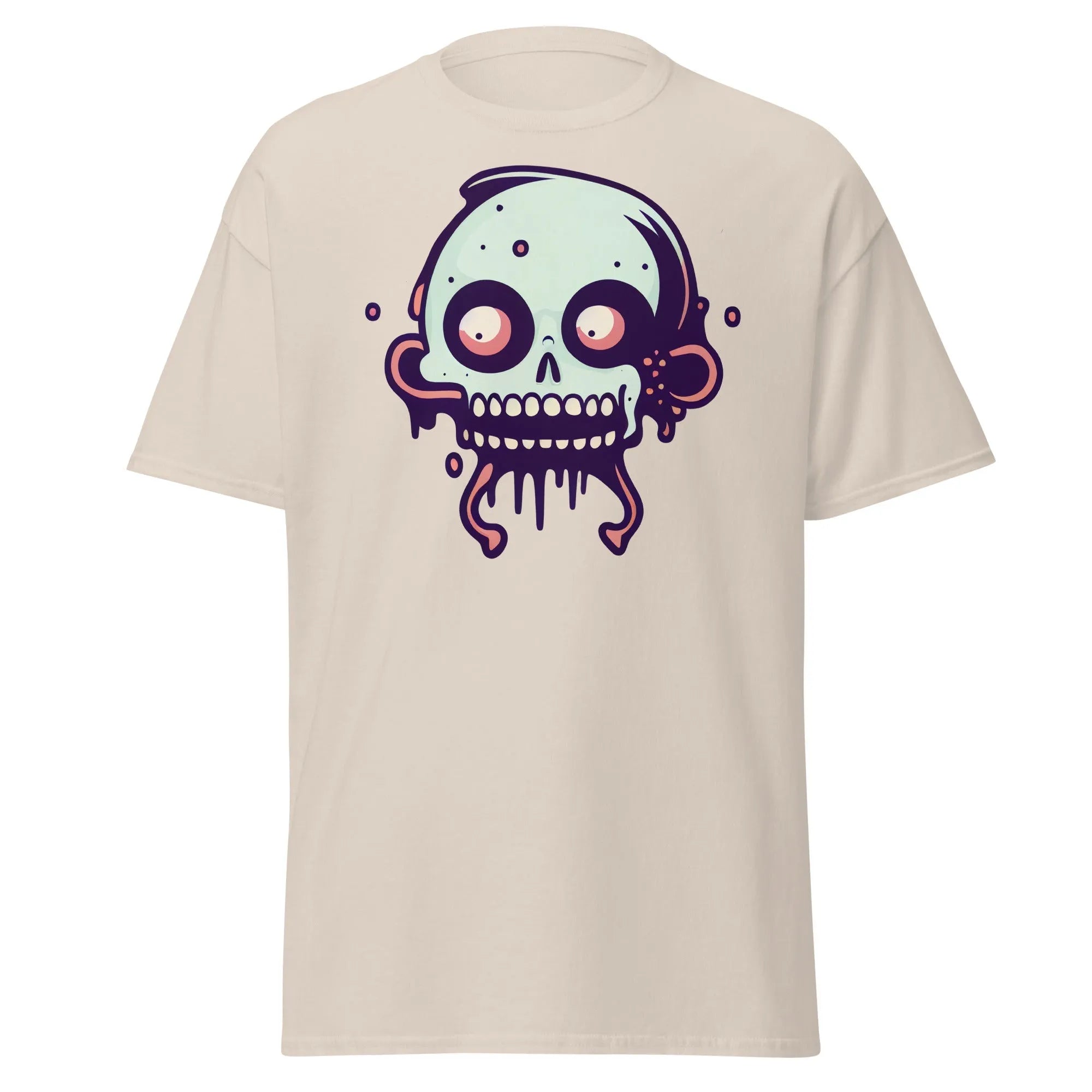 Bonehead natural Halloween T-shirt featuring a cartoon-style, wide-eyed, mint green skull with drips.
