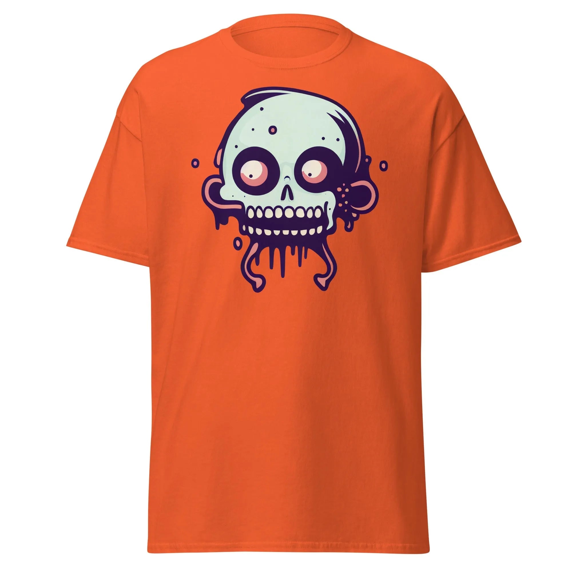 Bonehead orange Halloween T-shirt featuring a cartoon-style, wide-eyed, mint green skull with drips.