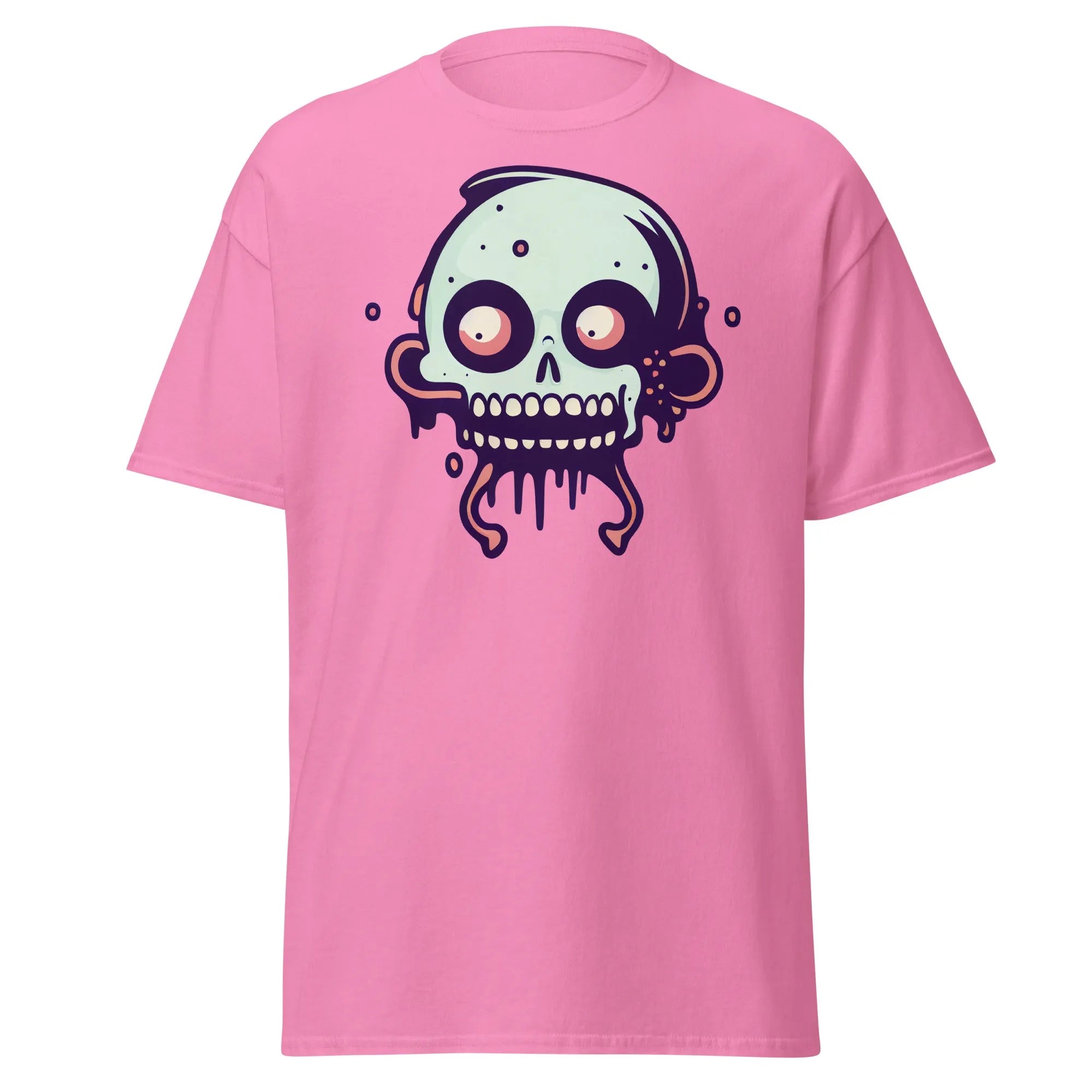 Bonehead pink Halloween T-shirt featuring a cartoon-style, wide-eyed, mint green skull with drips.