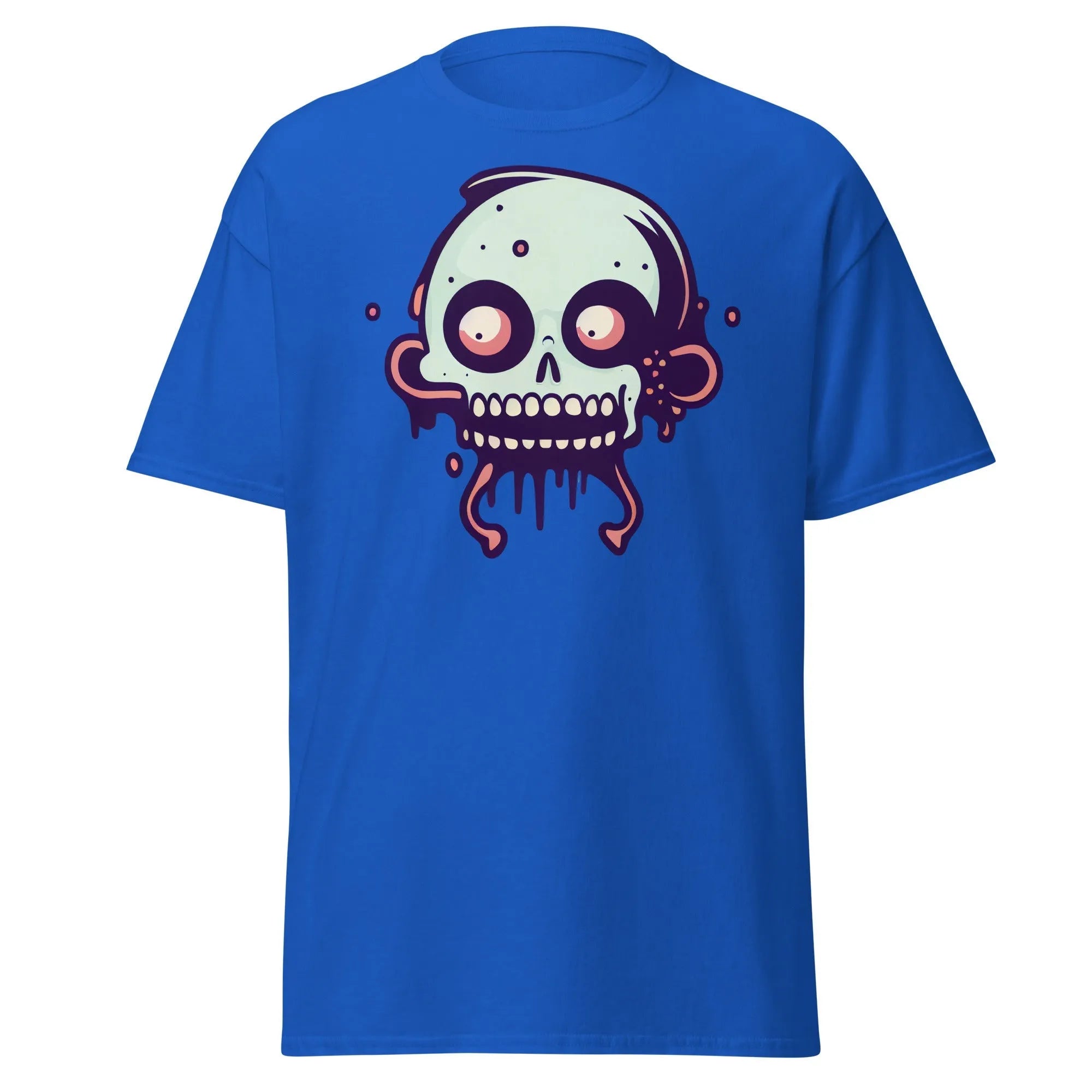 Bonehead royal blue Halloween T-shirt featuring a cartoon-style, wide-eyed, mint green skull with drips.