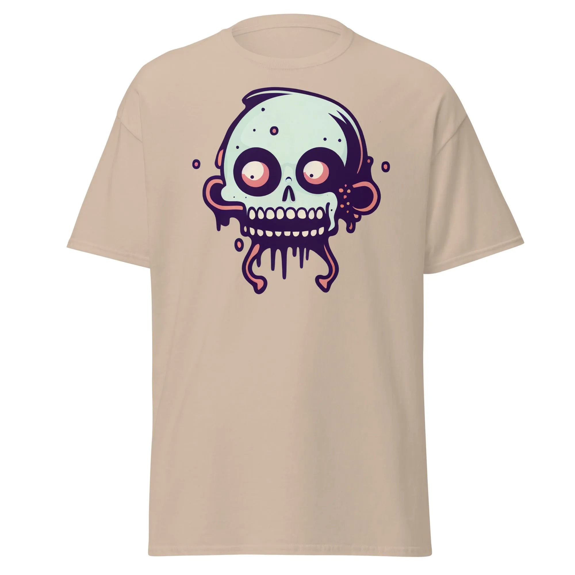 Bonehead sand Halloween T-shirt featuring a cartoon-style, wide-eyed, mint green skull with drips.