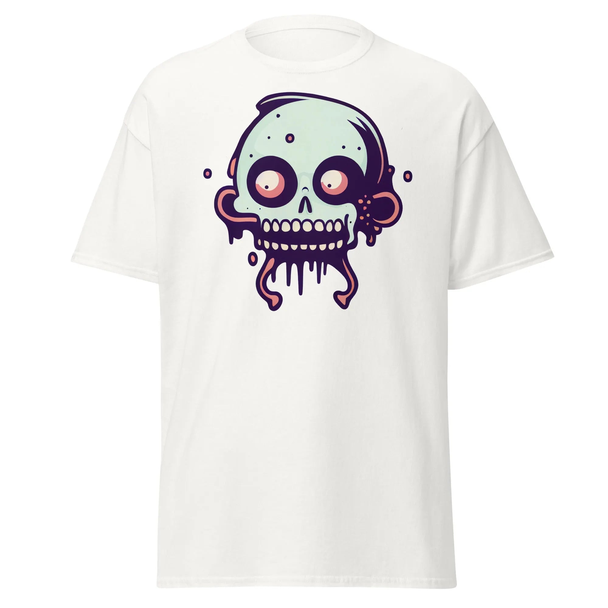 Bonehead white Halloween T-shirt featuring a cartoon-style, wide-eyed, mint green skull with drips.