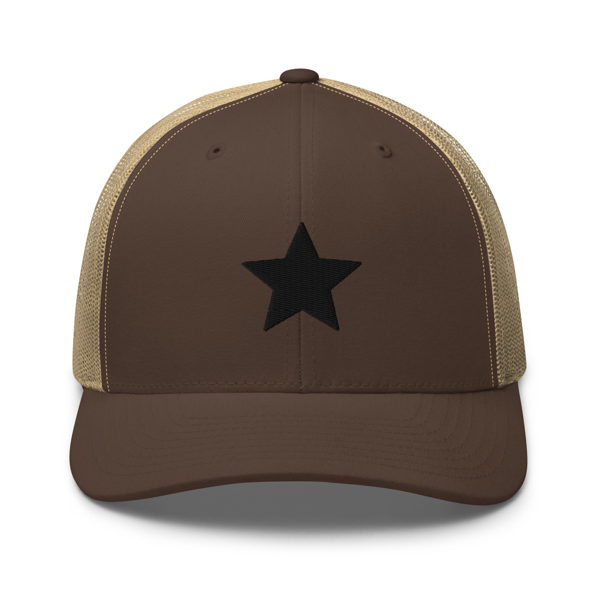 Brown and khaki truckers cap with an embroidered black star, structured front, mesh back, and adjustable fit by Kicks Shoelace