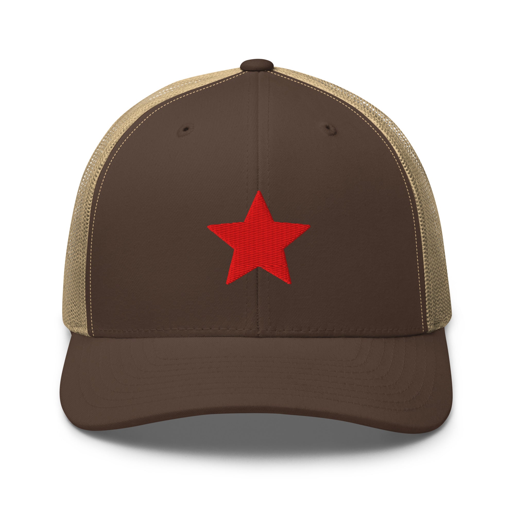 Brown and khaki truckers hat with an embroidered red star, structured front, mesh back, and adjustable fit by Kicks Shoelaces