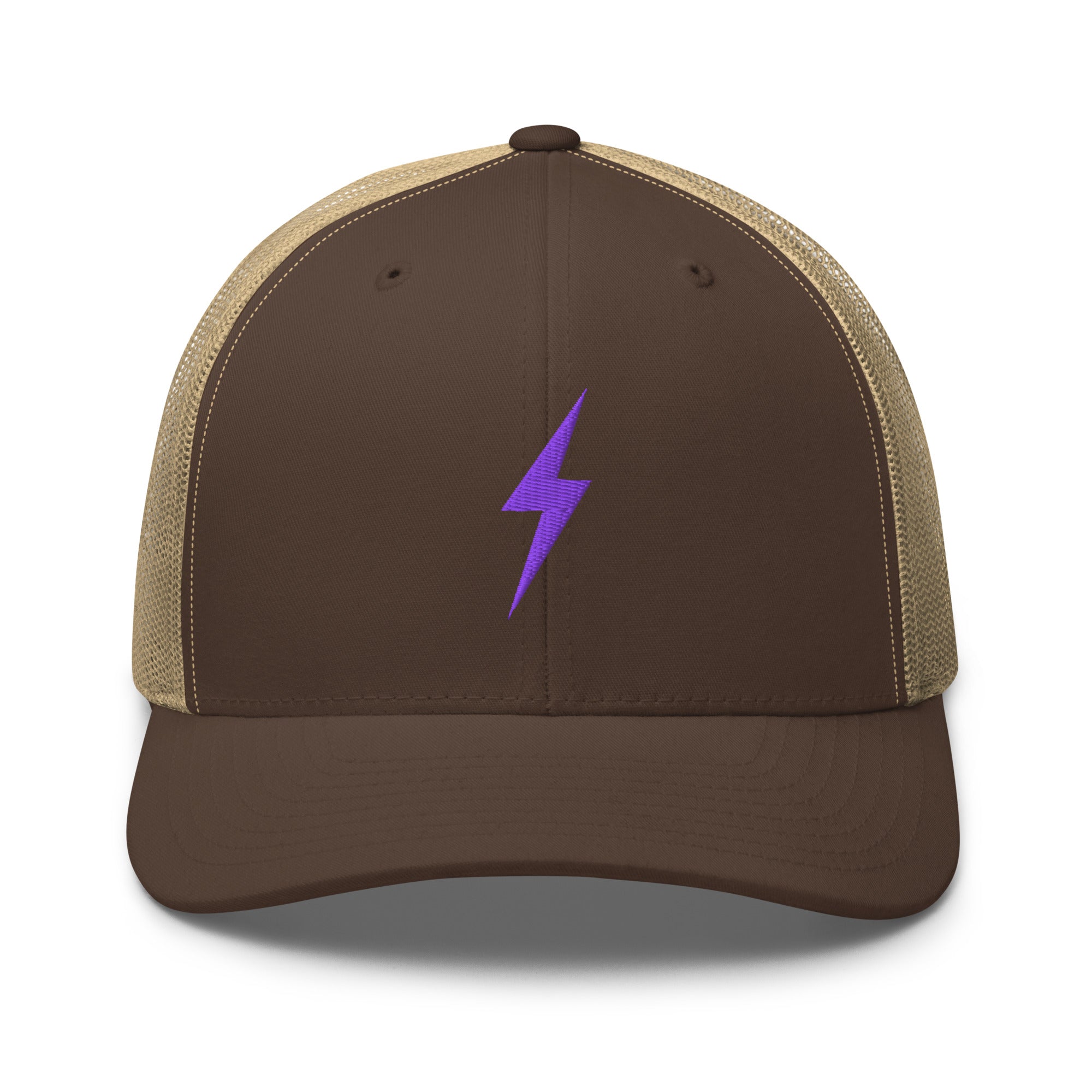 Brown and khaki trucker hat with an embroidered purple lightning bolt design on the front panel